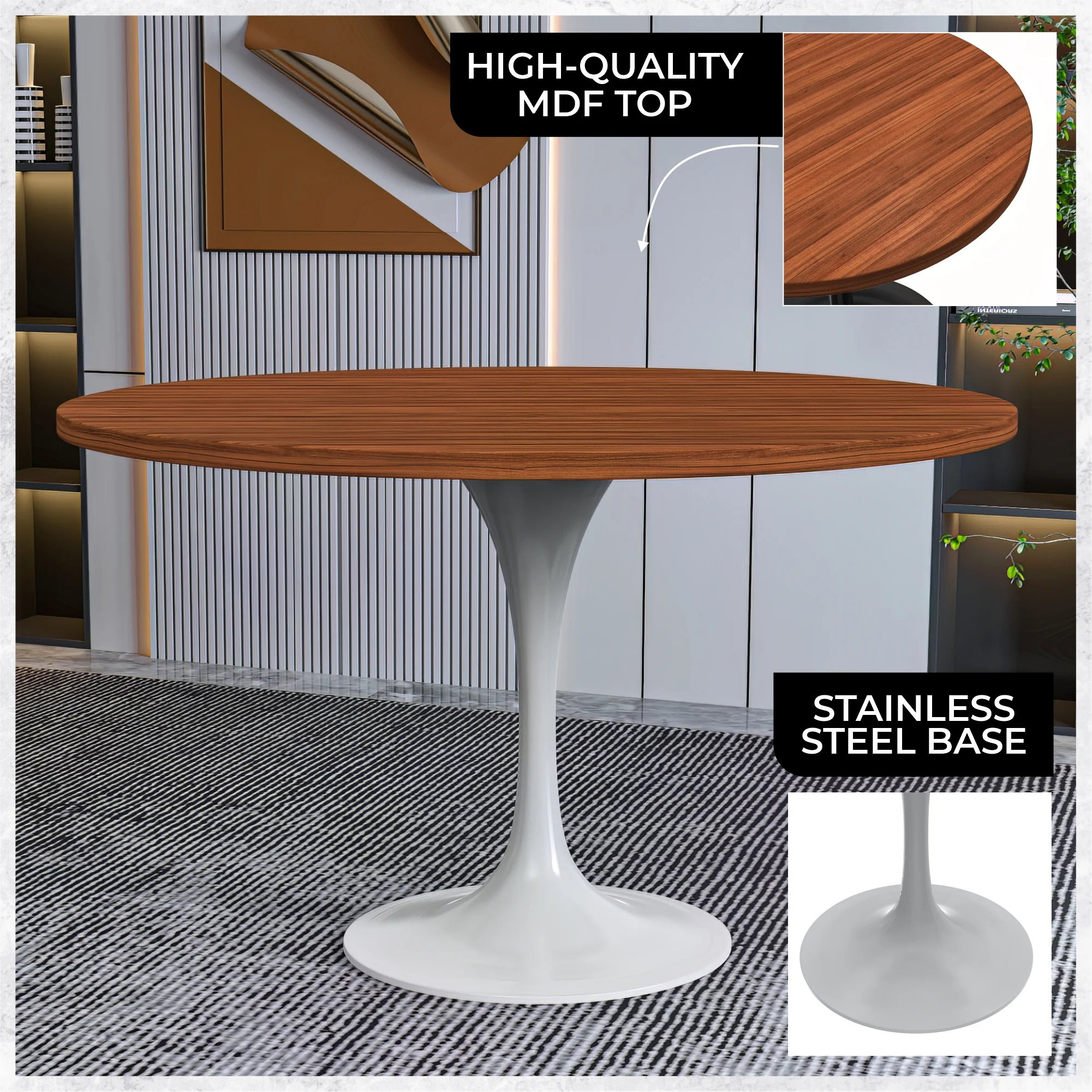 Verve Collection 48 Round Dining Table, White Base with Cognac Brown MDF Top