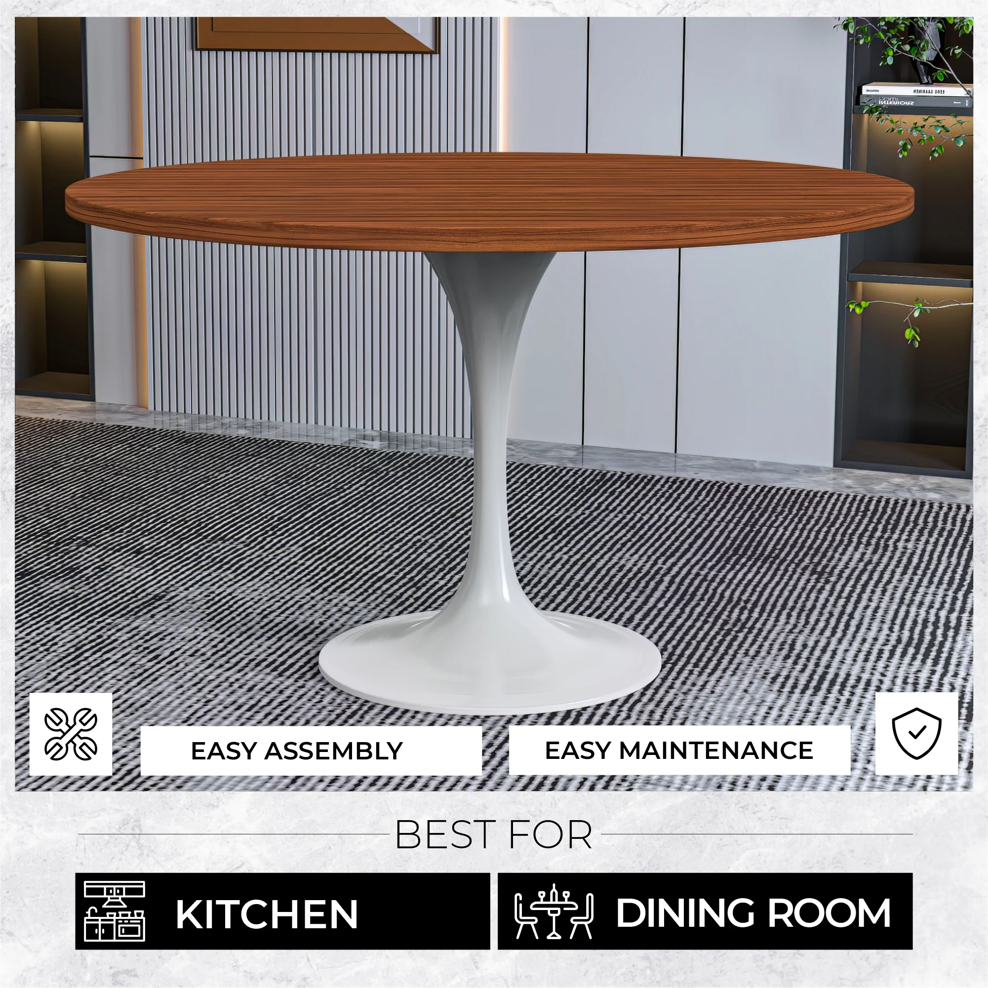 Verve Collection 48 Round Dining Table, White Base with Cognac Brown MDF Top
