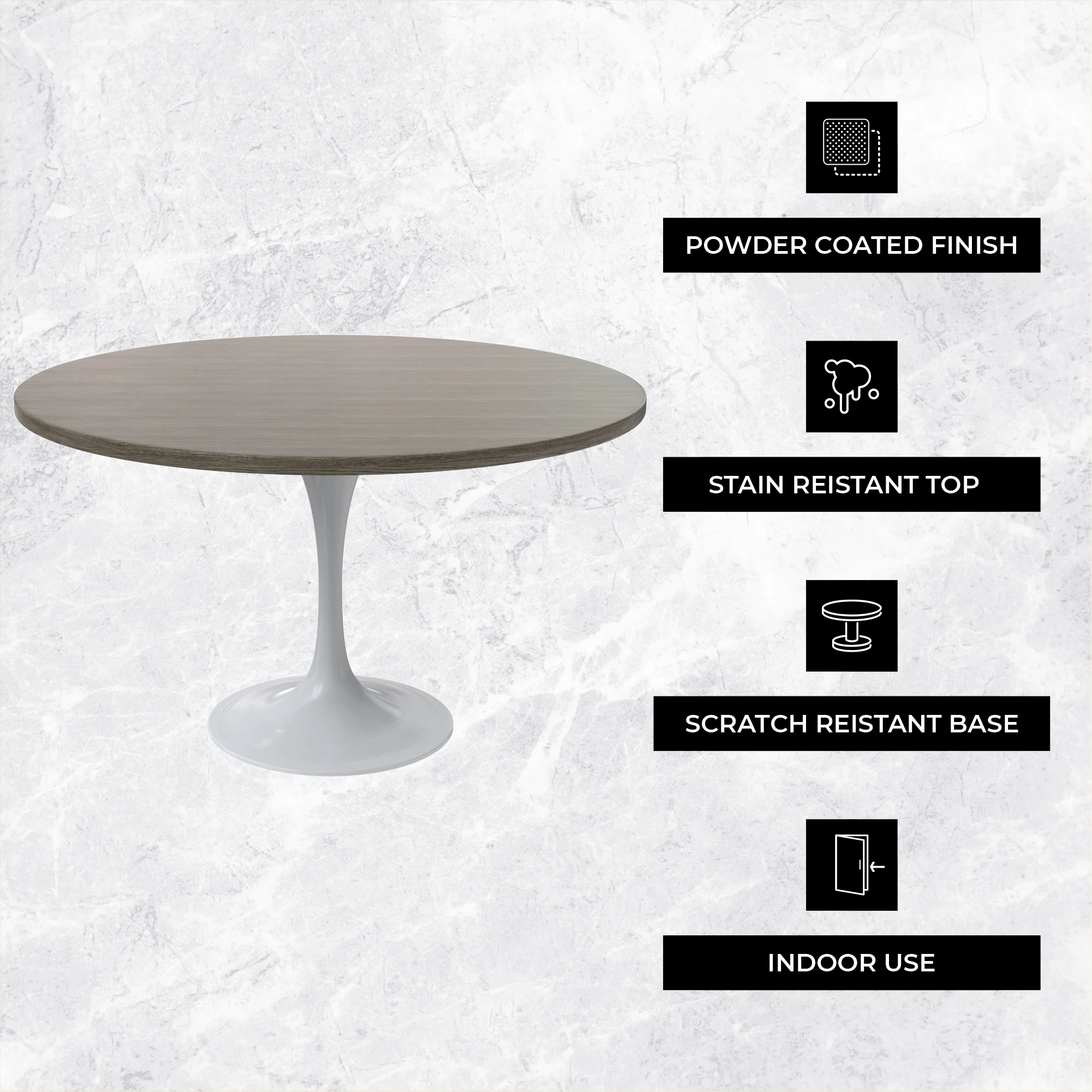 Verve Collection 48 Round Dining Table, White Base with Dark Maple MDF Top