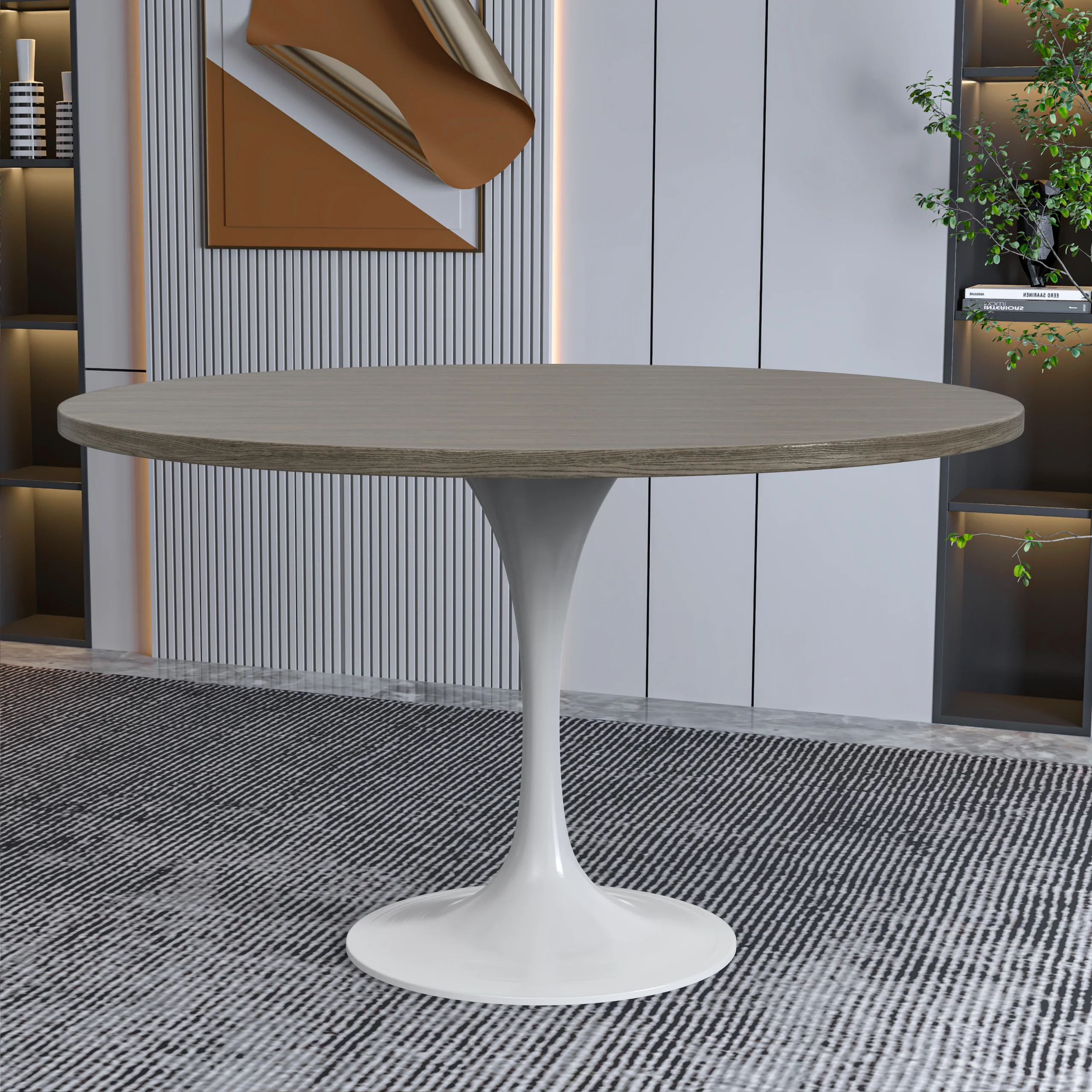 Verve Collection 48 Round Dining Table, White Base with Dark Maple MDF Top
