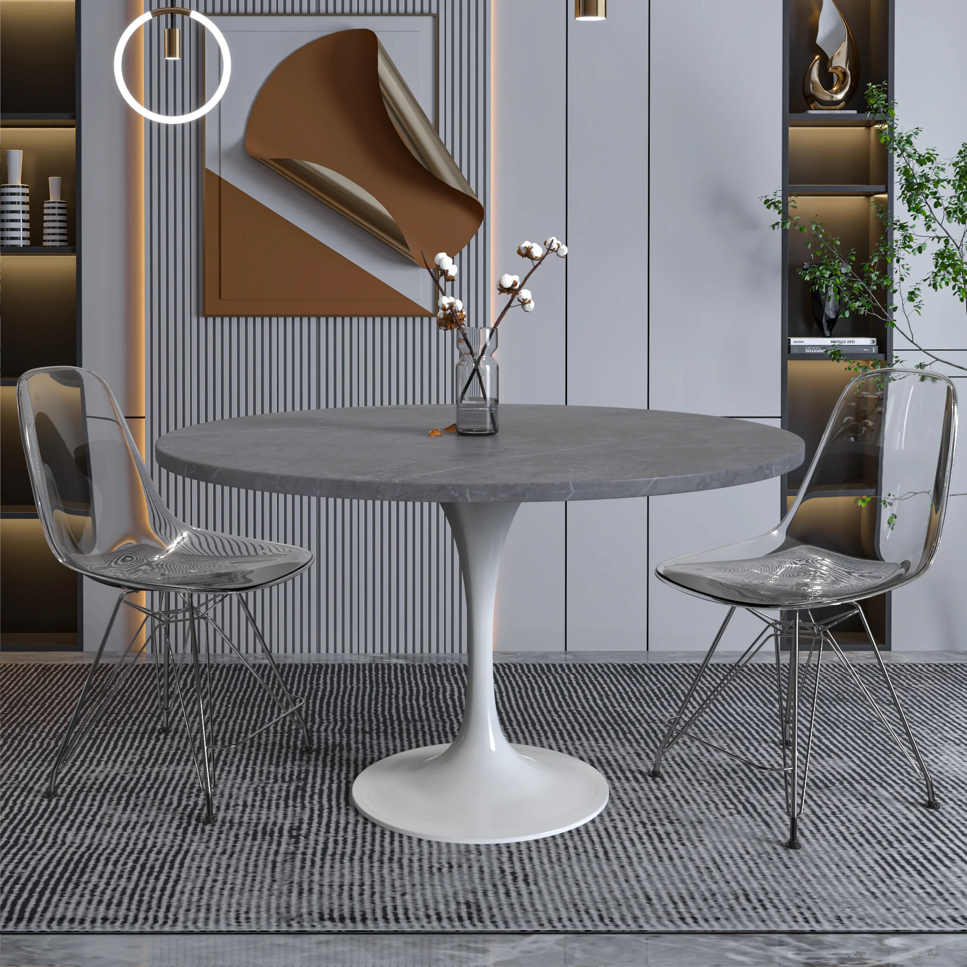 Verve Collection 48 Round Dining Table, White Base with Sintered Stone Grey Top