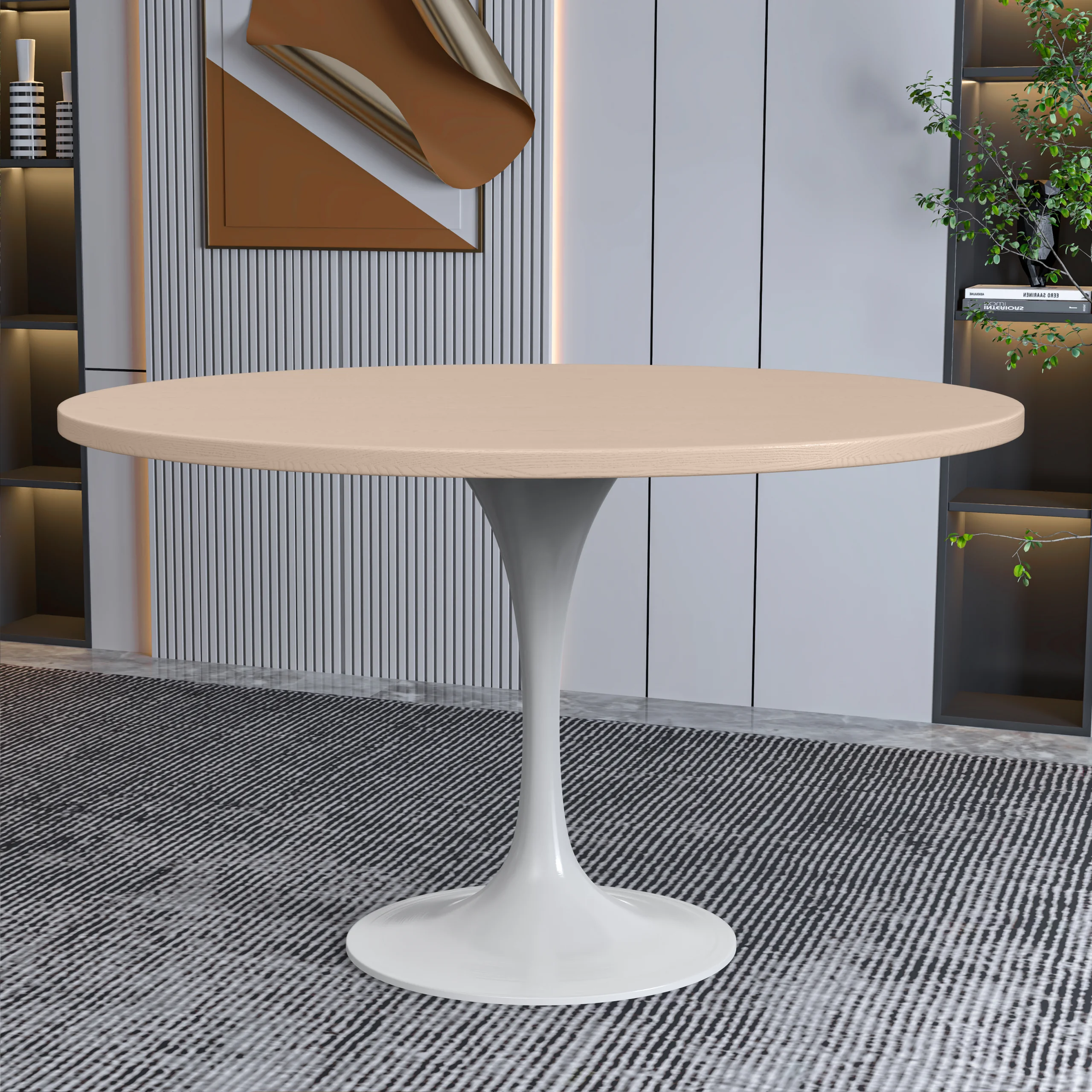 Verve Collection 48 Round Dining Table, White Base with Light Natural Wood MDF Top