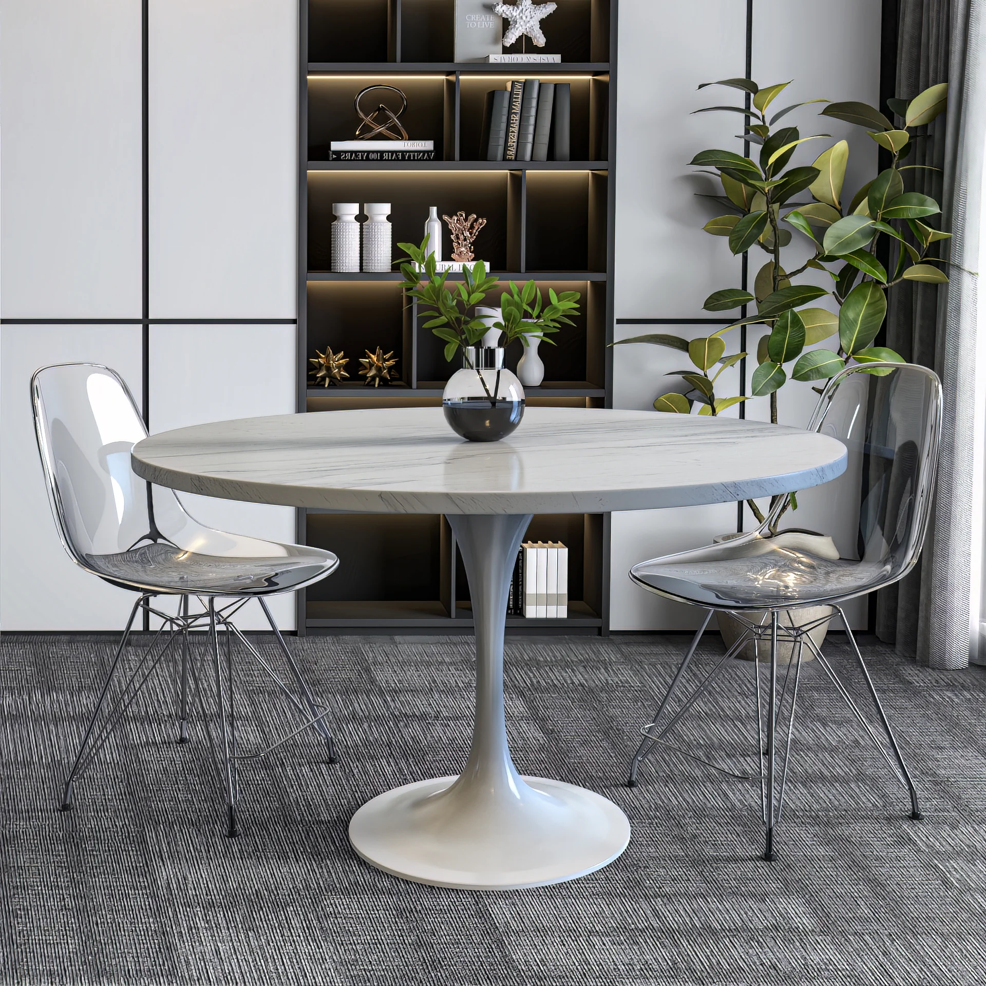 Verve Collection 48 Round Dining Table, White Base with Laminated White Marbleized Top