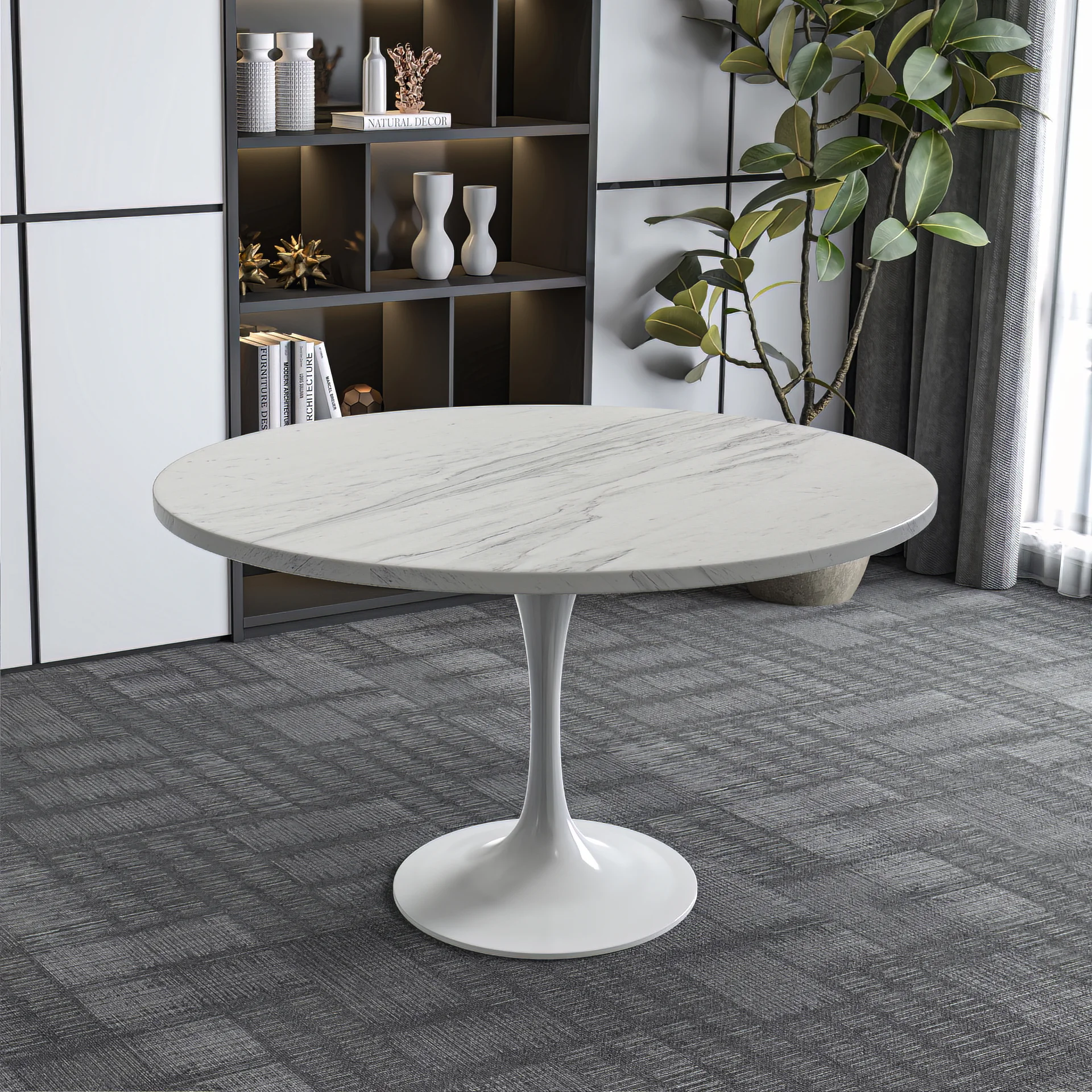 Verve Collection 48 Round Dining Table, White Base with Laminated White Marbleized Top