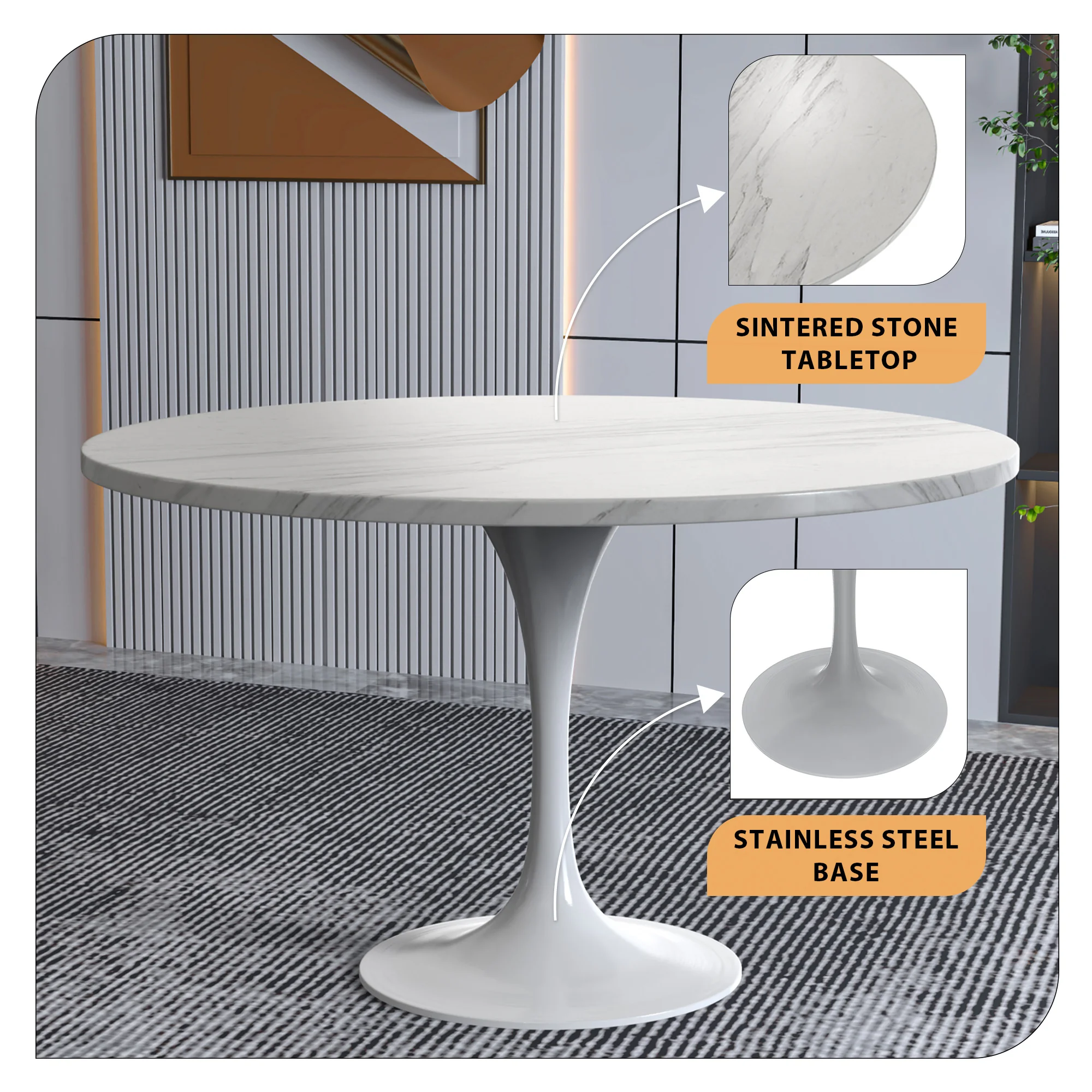 Verve Collection 48 Round Dining Table, White Base with Sintered Stone White Top