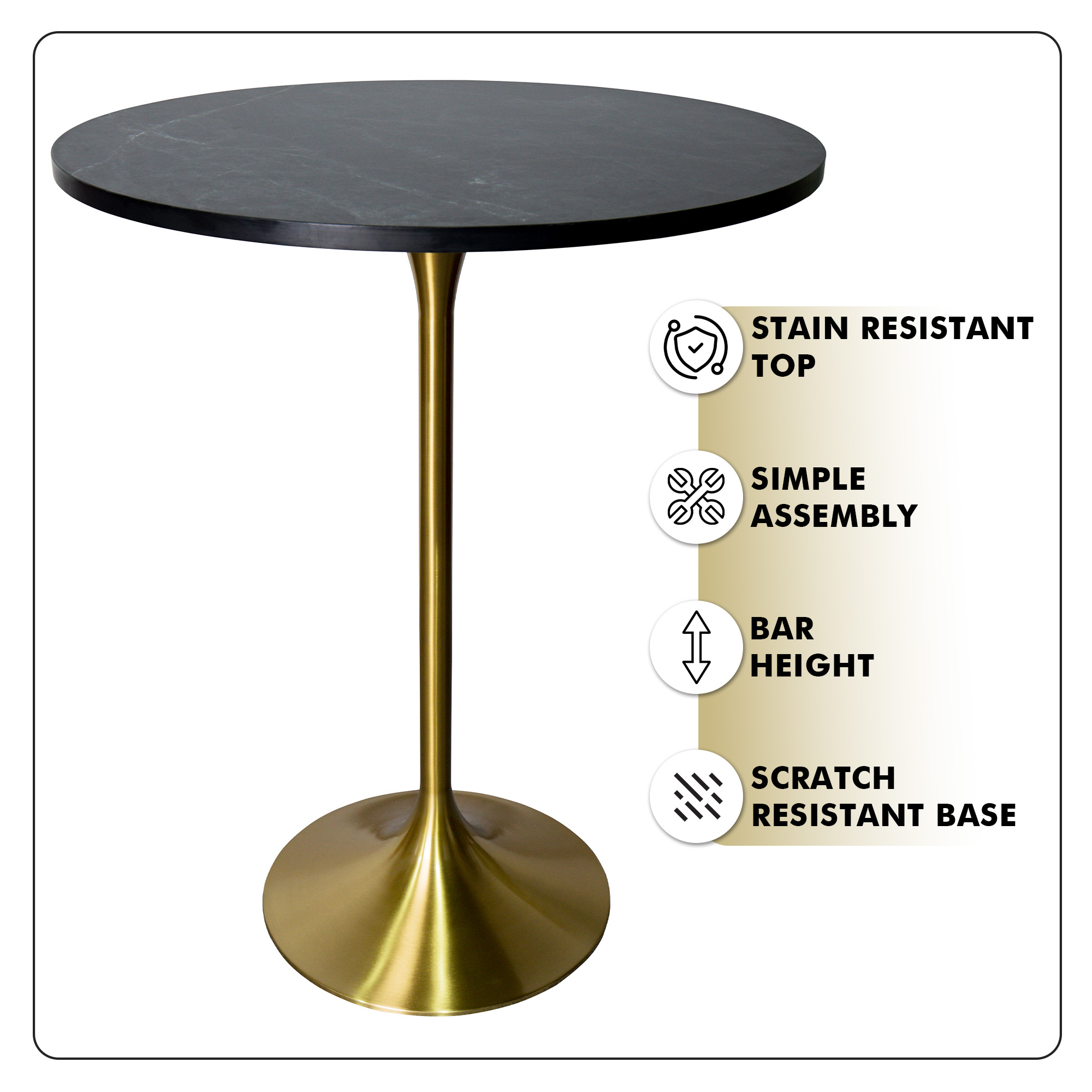 Verve Collection Modern Bar Height Table Brushed Gold Base with 27" Round Black Marbelized MDF Top
