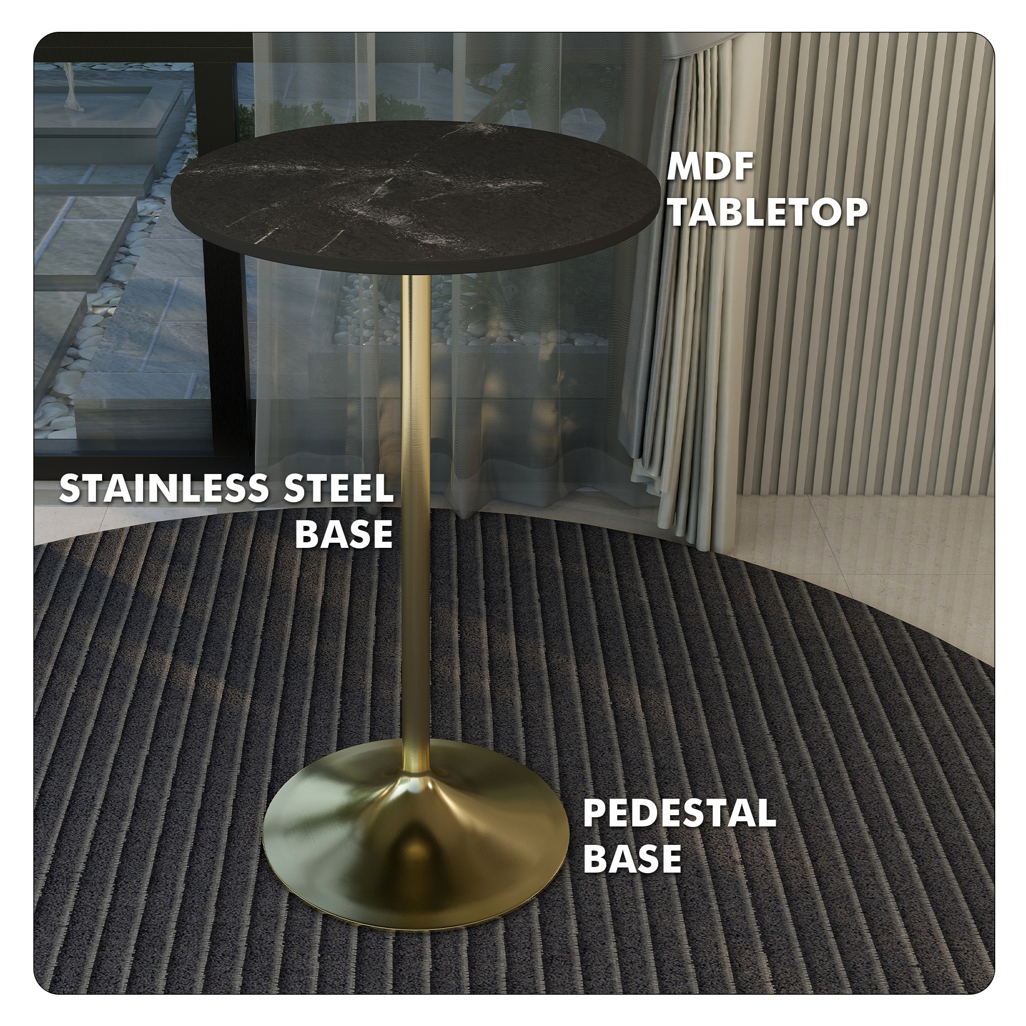 Verve Collection Modern Bar Height Table Brushed Gold Base with 27" Round Black Marbelized MDF Top