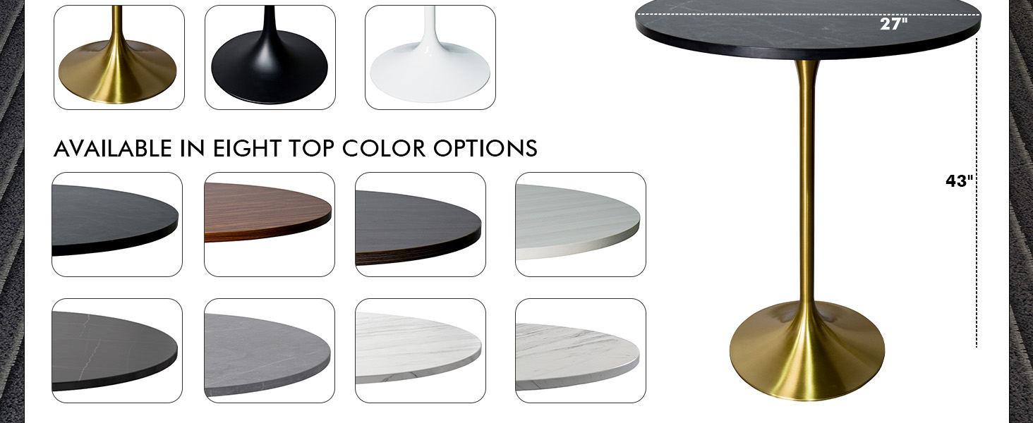 Verve Collection Modern Bar Height Table Brushed Gold Base with 27" Round Black Marbelized MDF Top