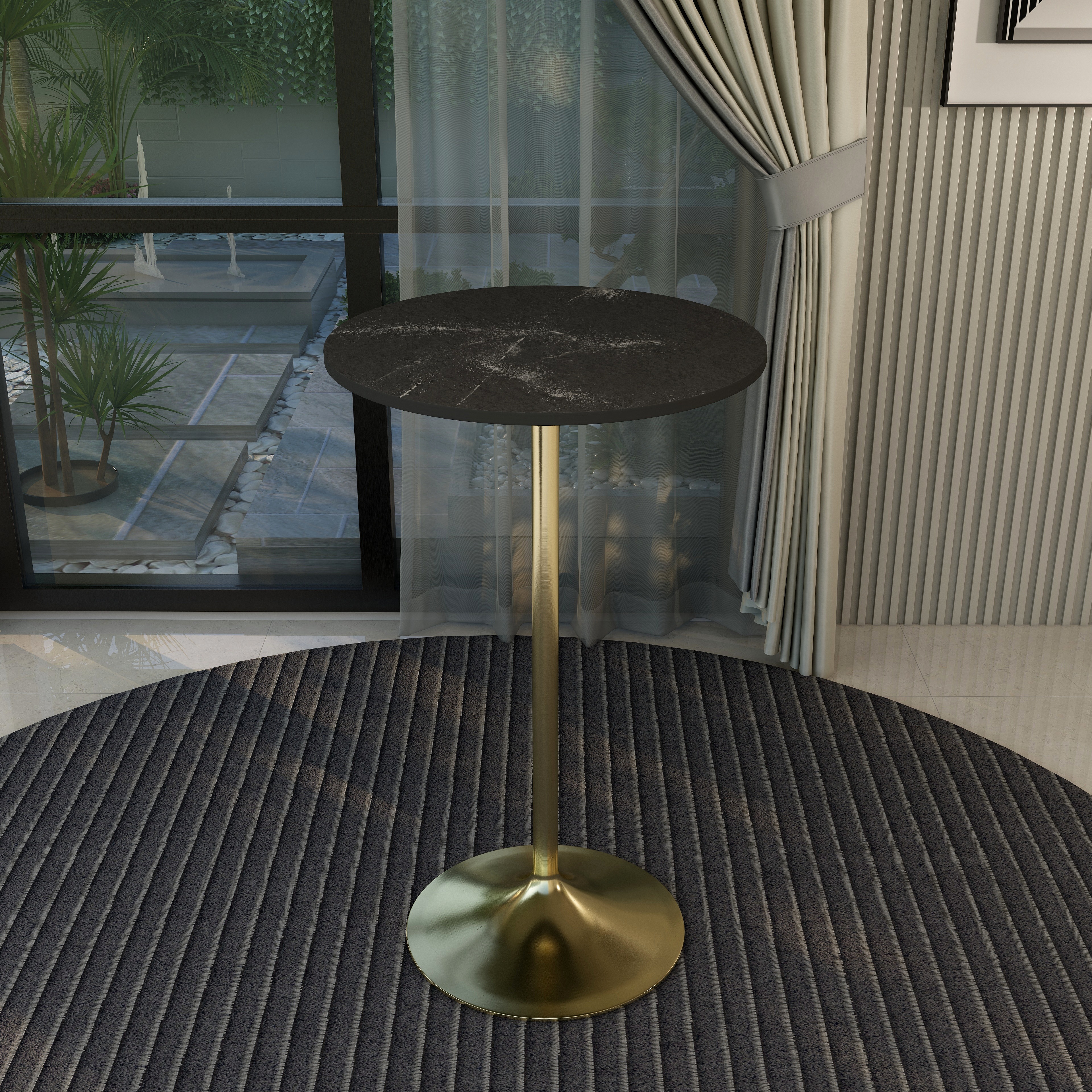 Verve Collection Modern Bar Height Table Brushed Gold Base with 27" Round Black Marbelized MDF Top