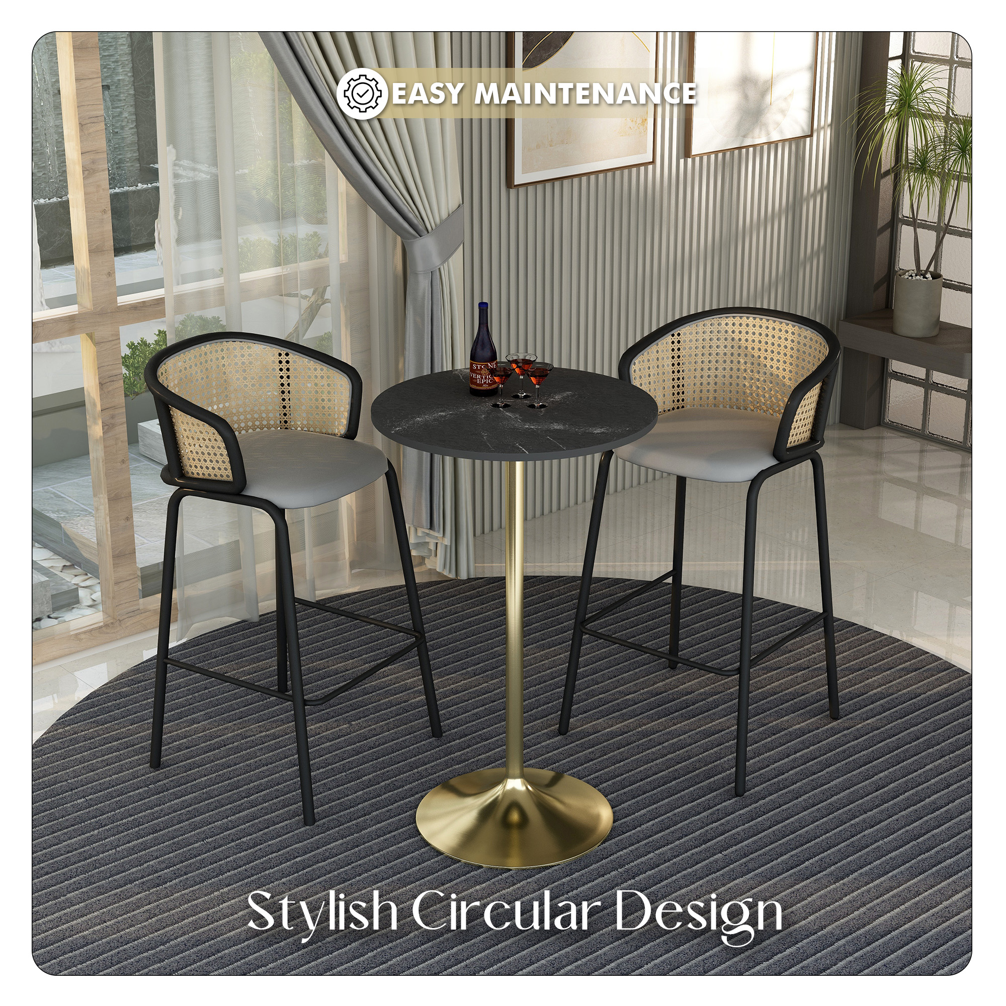 Verve Collection Modern Bar Height Table Brushed Gold Base with 27" Round Black Marbelized MDF Top
