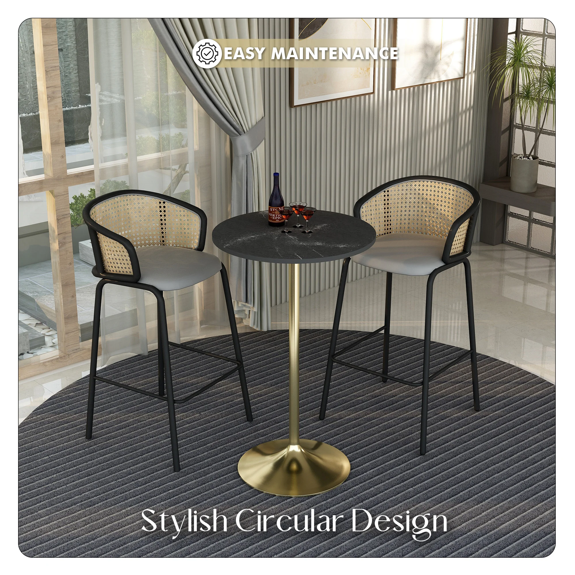 Verve Collection Modern Bar Height Table Brushed Gold Base with 27" Round Black Marbelized MDF Top