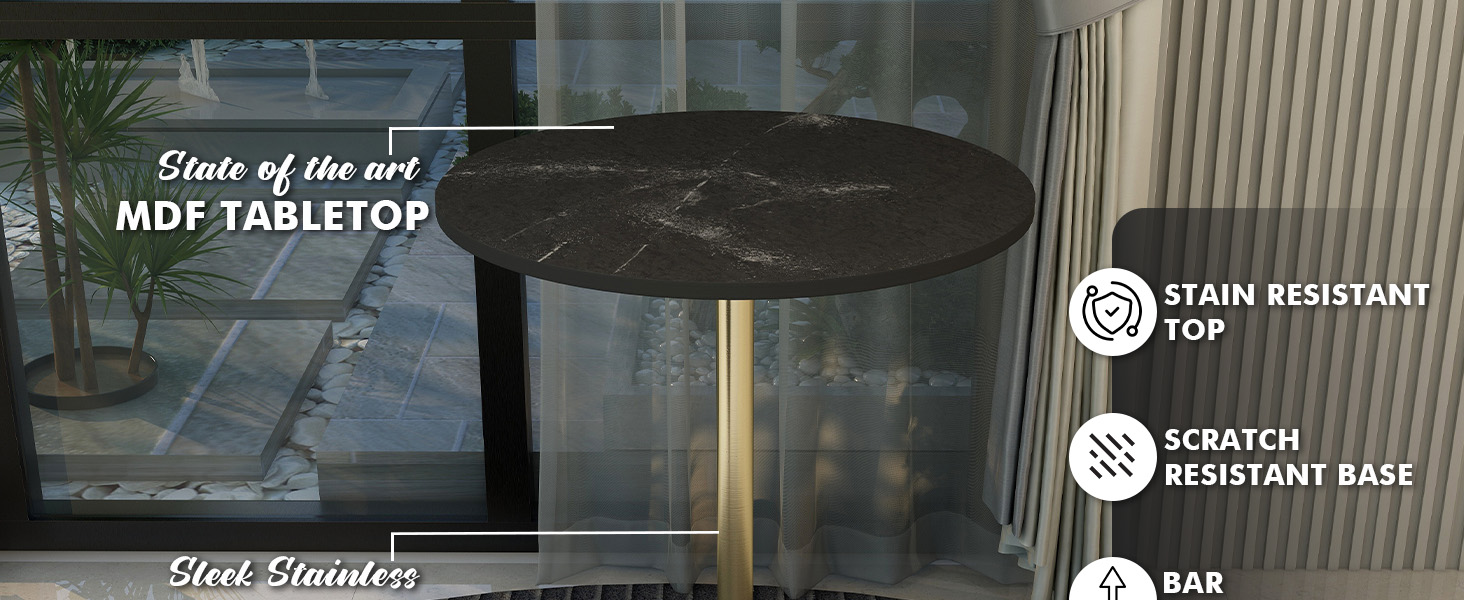 Verve Collection Modern Bar Height Table Brushed Gold Base with 27" Round Black Marbelized MDF Top