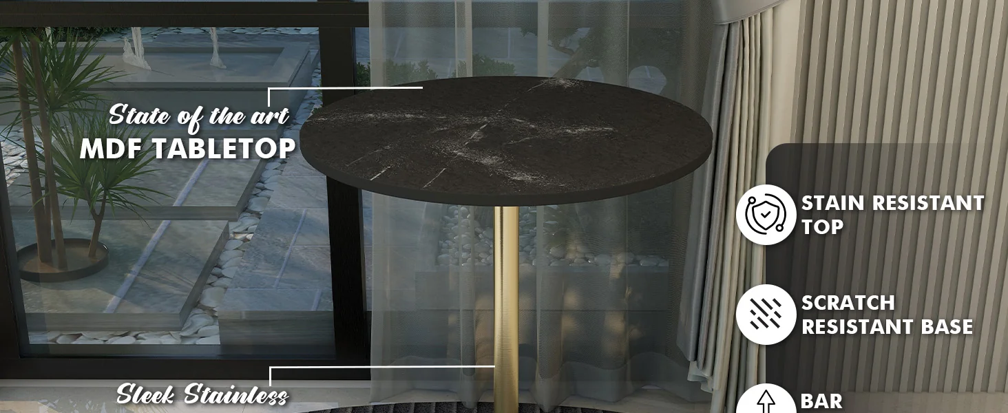 Verve Collection Modern Bar Height Table Brushed Gold Base with 27" Round Black Marbelized MDF Top