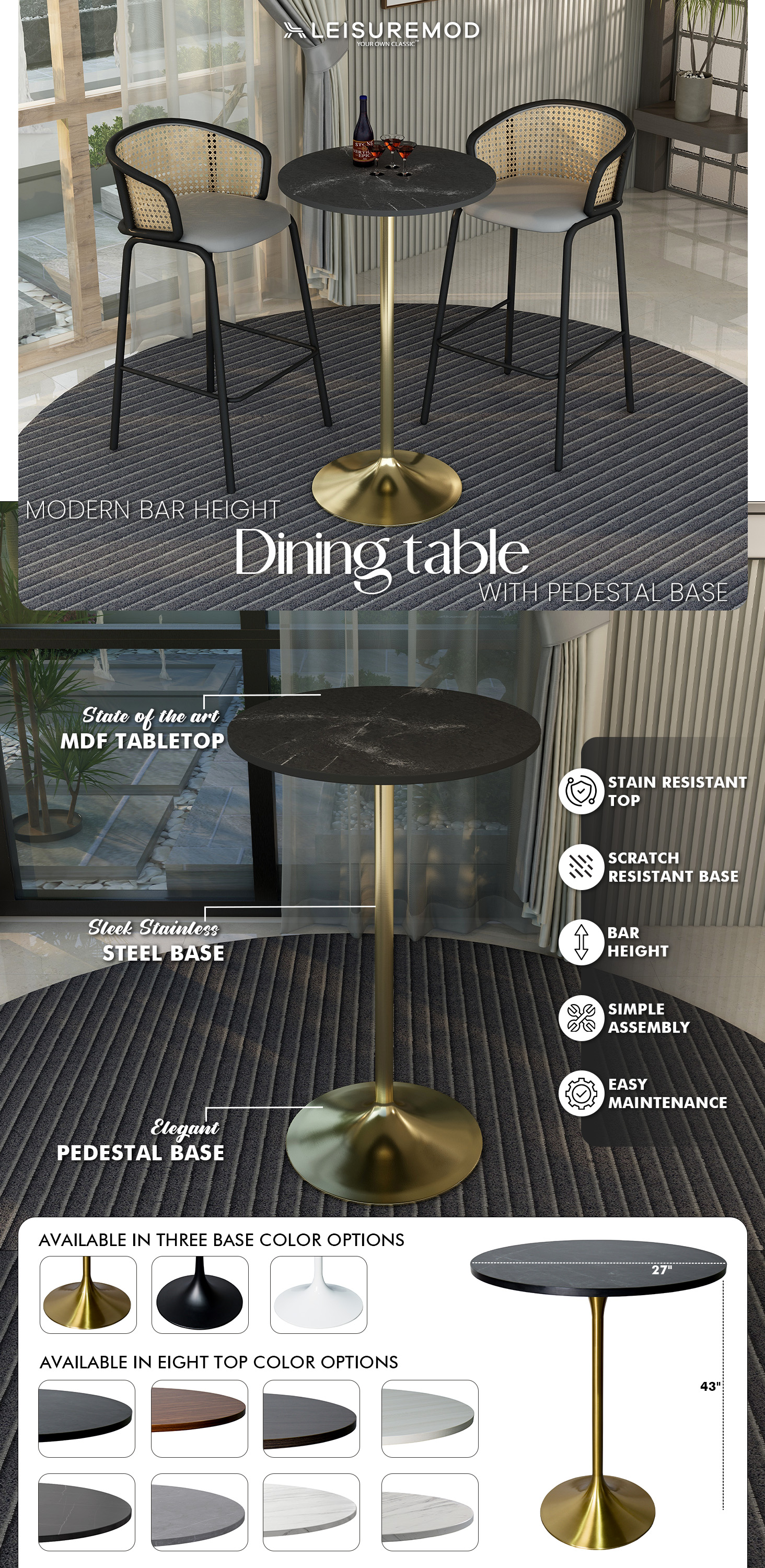 Verve Collection Modern Bar Height Table Brushed Gold Base with 27" Round Black Marbelized MDF Top