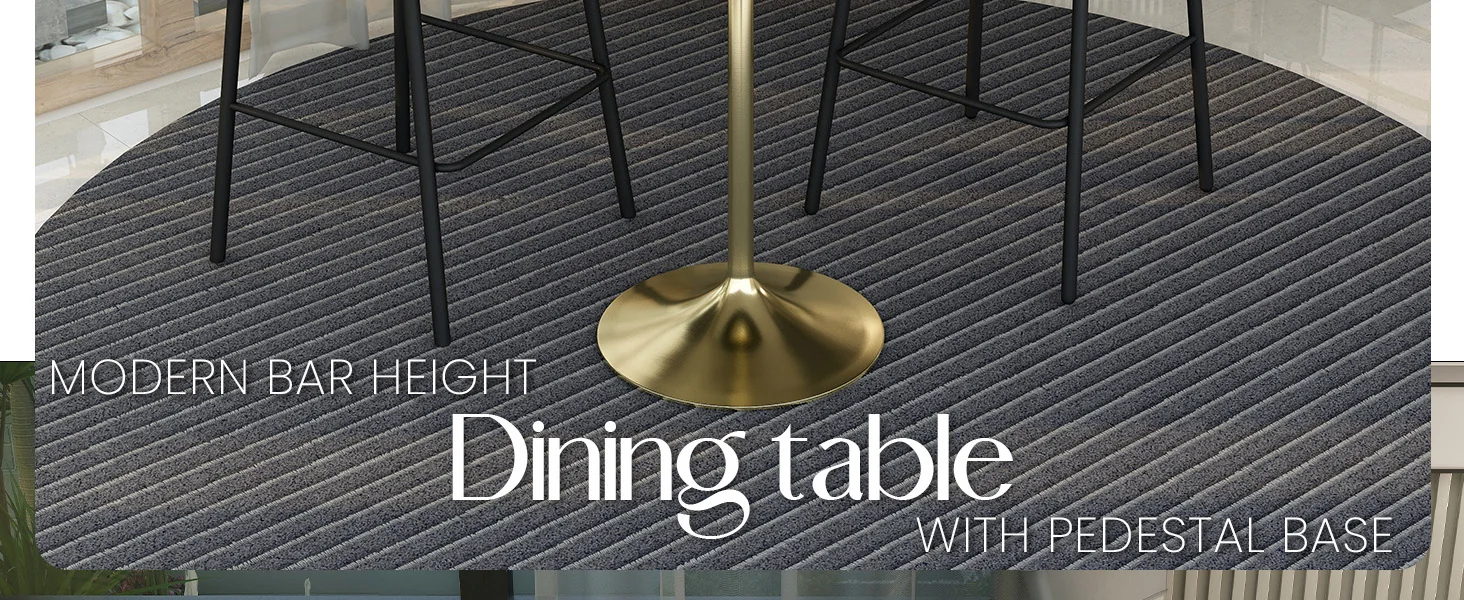 Verve Collection Modern Bar Height Table Brushed Gold Base with 27" Round Black Marbelized MDF Top