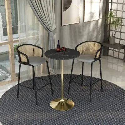 Verve Collection Modern Bar Height Table Brushed Gold Base with 27" Round Black Marbelized MDF Top