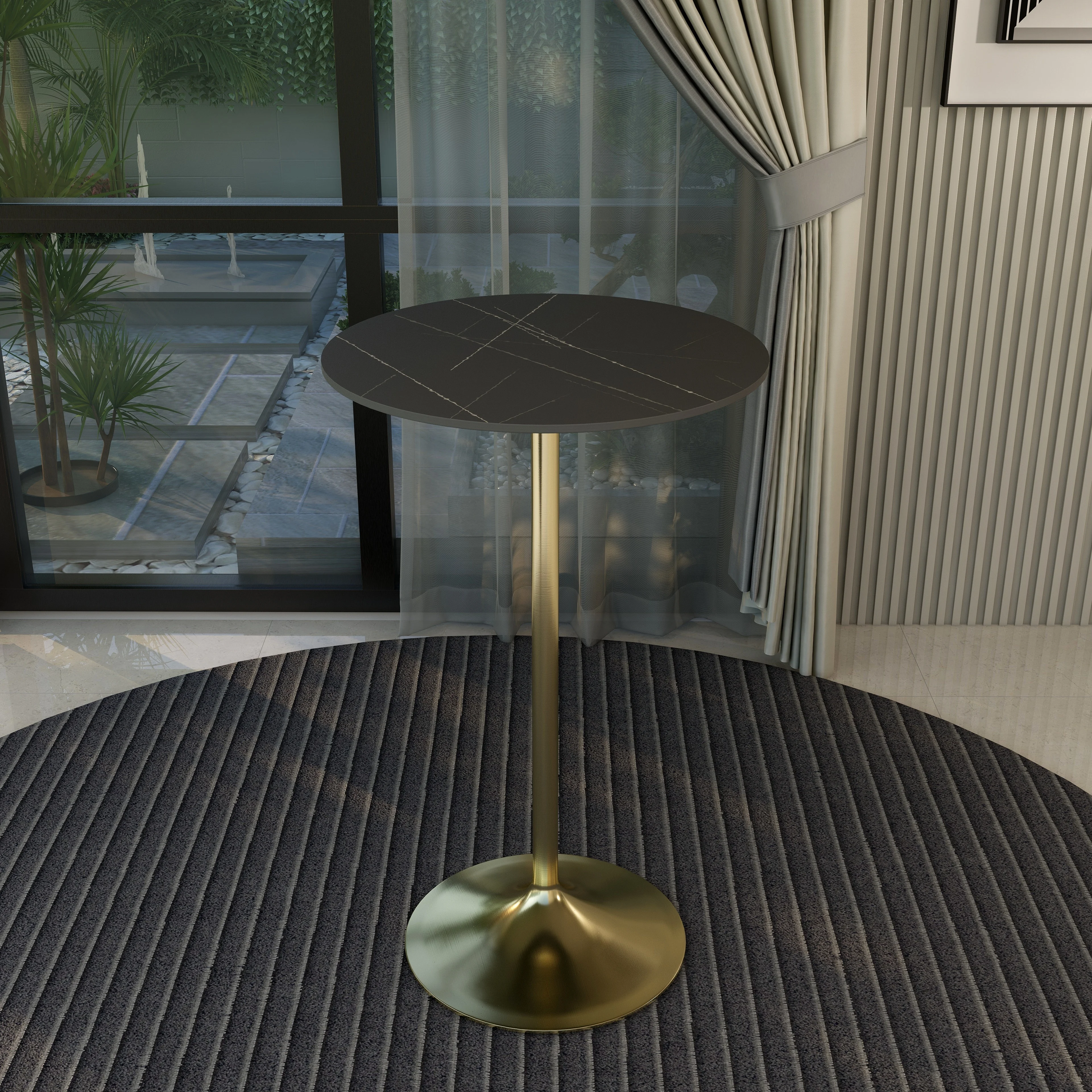 Verve Collection Modern Bar Height Table Brushed Gold Base with 27" Round Black Marbelized Sintered Stone Top
