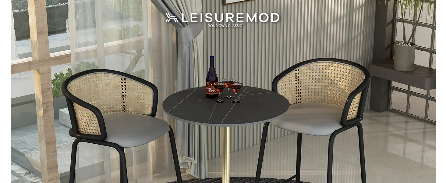 Verve Collection Modern Bar Height Table Brushed Gold Base with 27" Round Black Marbelized Sintered Stone Top