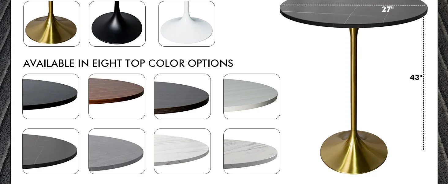 Verve Collection Modern Bar Height Table Brushed Gold Base with 27" Round Black Marbelized Sintered Stone Top