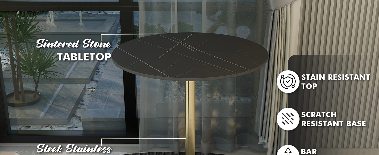 Verve Collection Modern Bar Height Table Brushed Gold Base with 27" Round Black Marbelized Sintered Stone Top