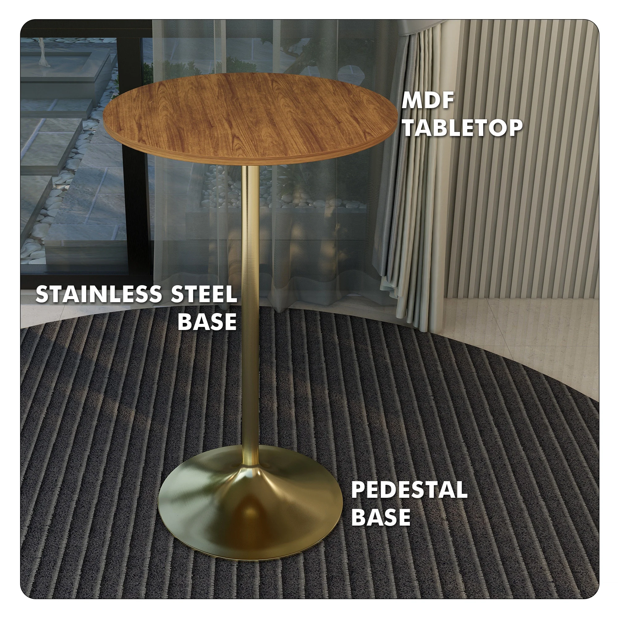 Verve Collection Modern Bar Height Table Brushed Gold Base with 27" Round Cognac Brown MDF Top