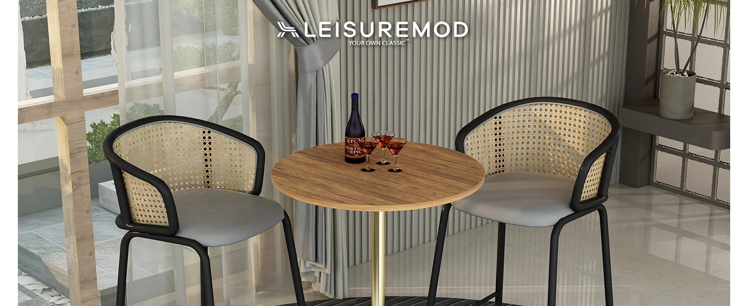 Verve Collection Modern Bar Height Table Brushed Gold Base with 27" Round Cognac Brown MDF Top