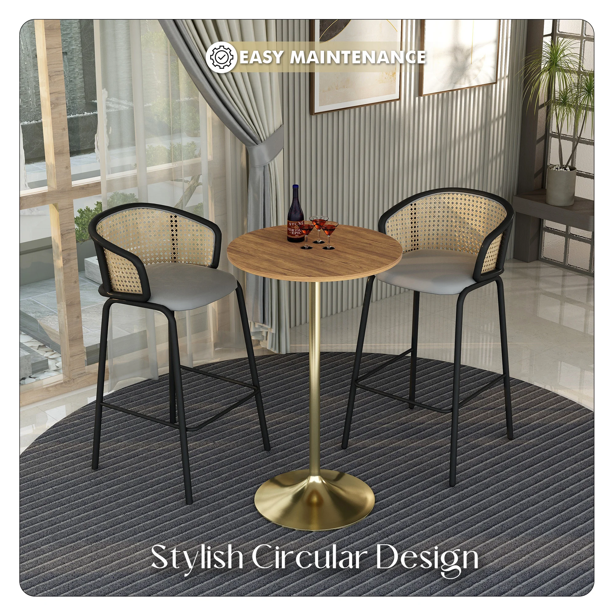 Verve Collection Modern Bar Height Table Brushed Gold Base with 27" Round Cognac Brown MDF Top