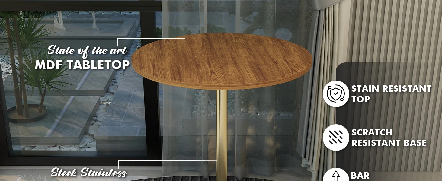 Verve Collection Modern Bar Height Table Brushed Gold Base with 27" Round Cognac Brown MDF Top