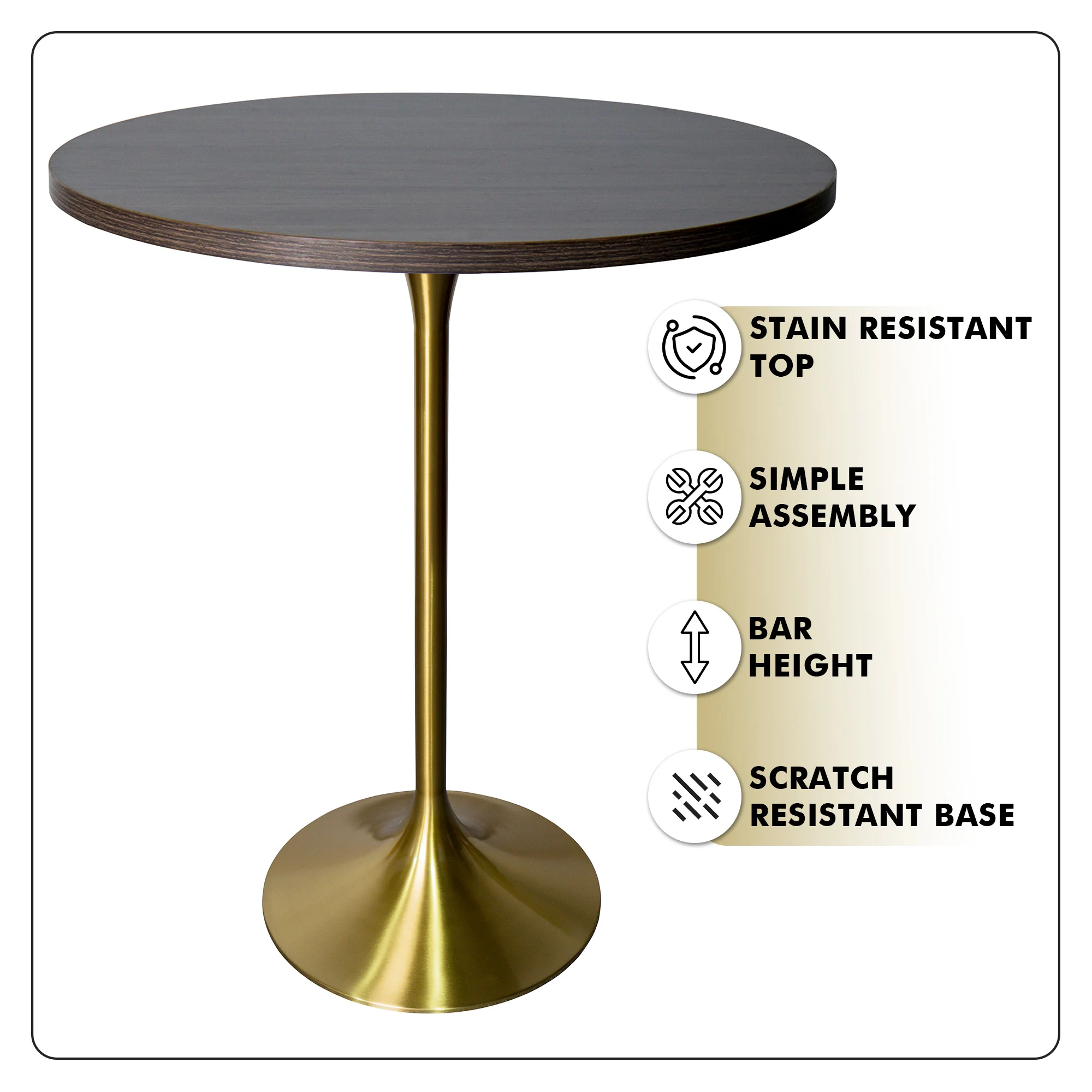 Verve Collection Modern Bar Height Table Brushed Gold Base with 27" Round Dark Walnut MDF Top