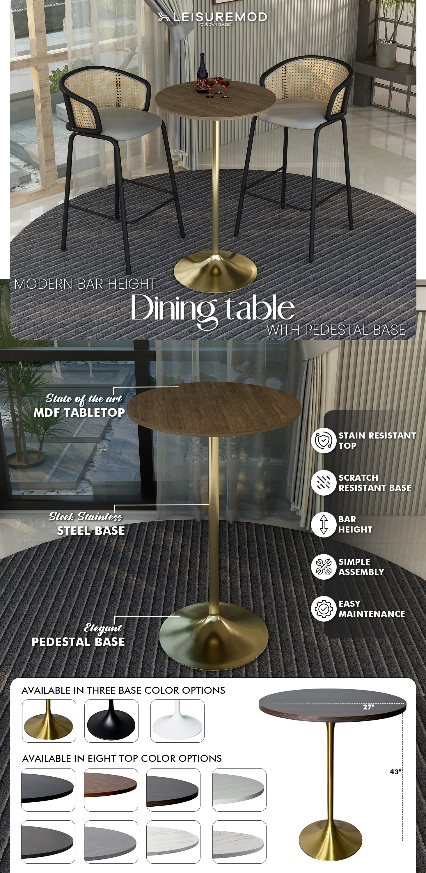 Verve Collection Modern Bar Height Table Brushed Gold Base with 27" Round Dark Walnut MDF Top