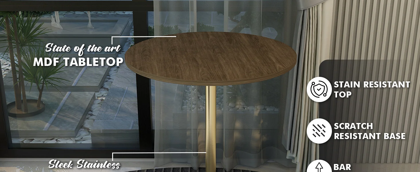 Verve Collection Modern Bar Height Table Brushed Gold Base with 27" Round Dark Walnut MDF Top
