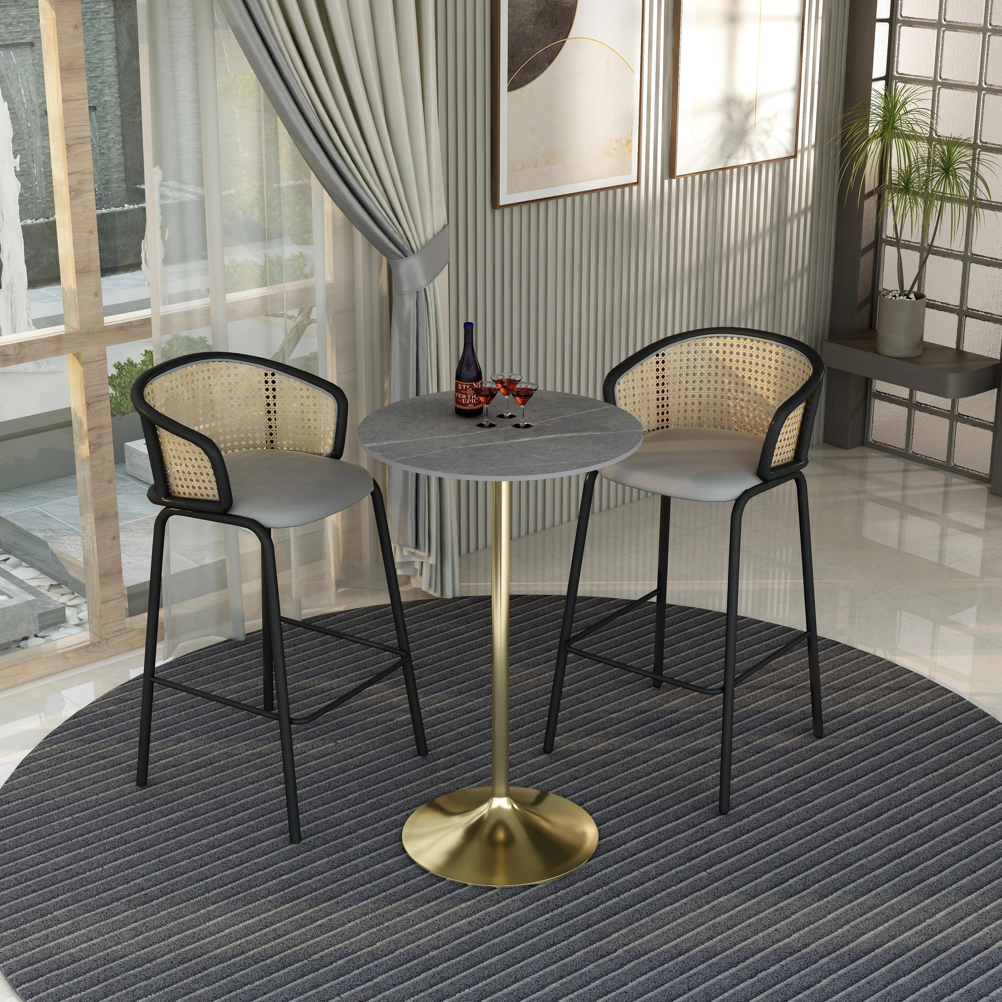 Verve Collection Modern Bar Height Table Brushed Gold Base with 27" Round Marble Grey Sintered Stone Top