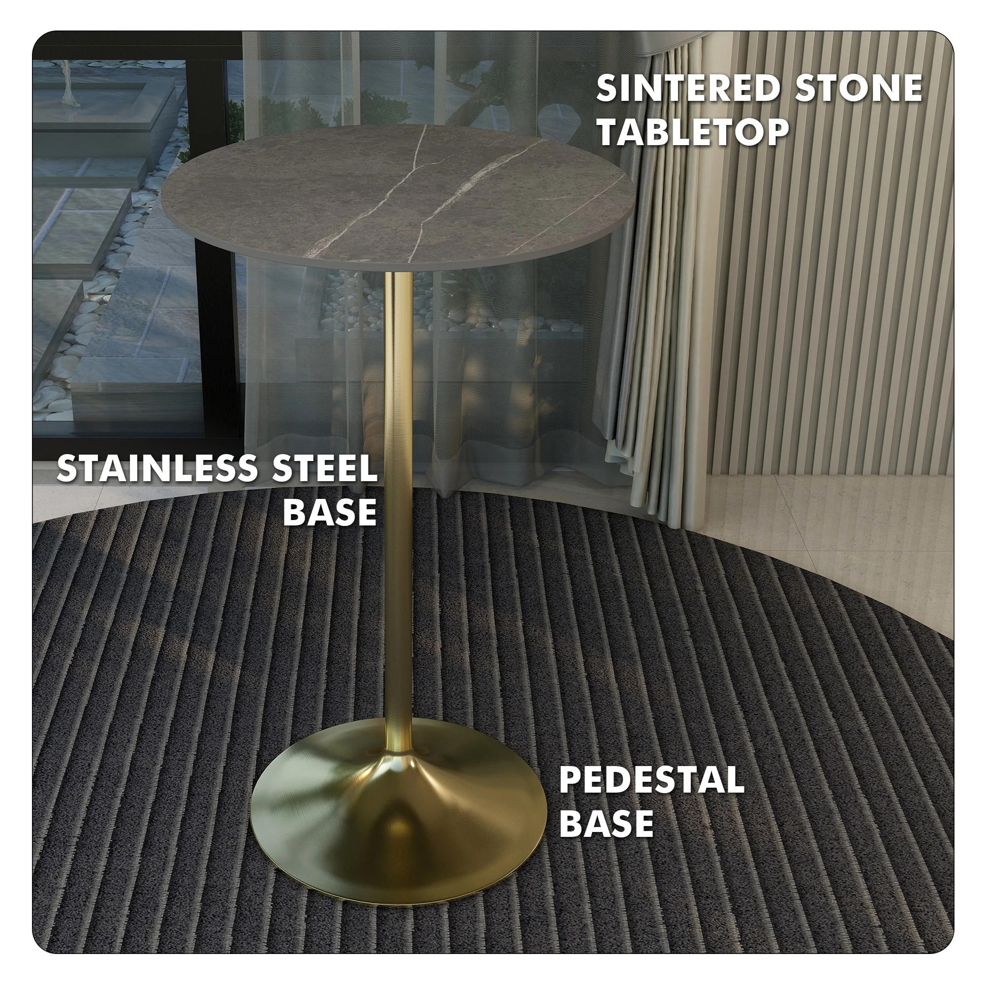 Verve Collection Modern Bar Height Table Brushed Gold Base with 27" Round Marble Grey Sintered Stone Top