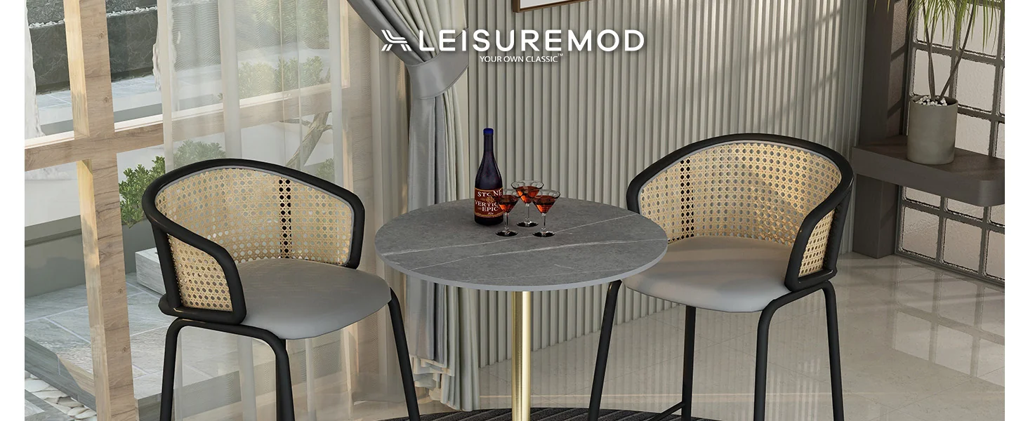 Verve Collection Modern Bar Height Table Brushed Gold Base with 27" Round Marble Grey Sintered Stone Top