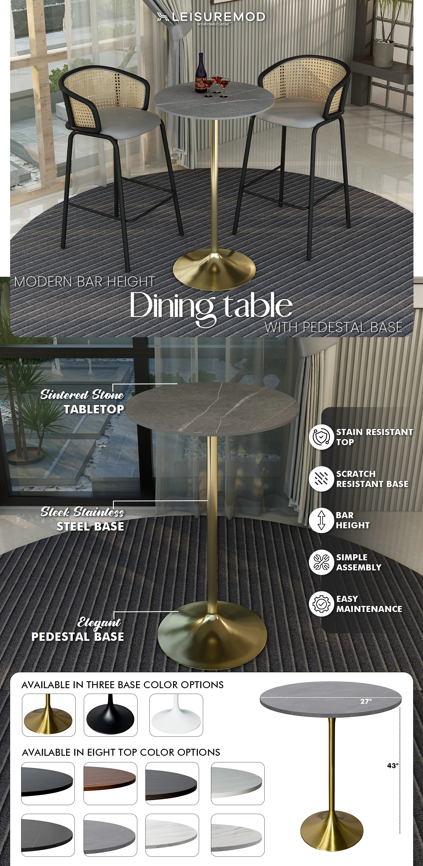 Verve Collection Modern Bar Height Table Brushed Gold Base with 27" Round Marble Grey Sintered Stone Top