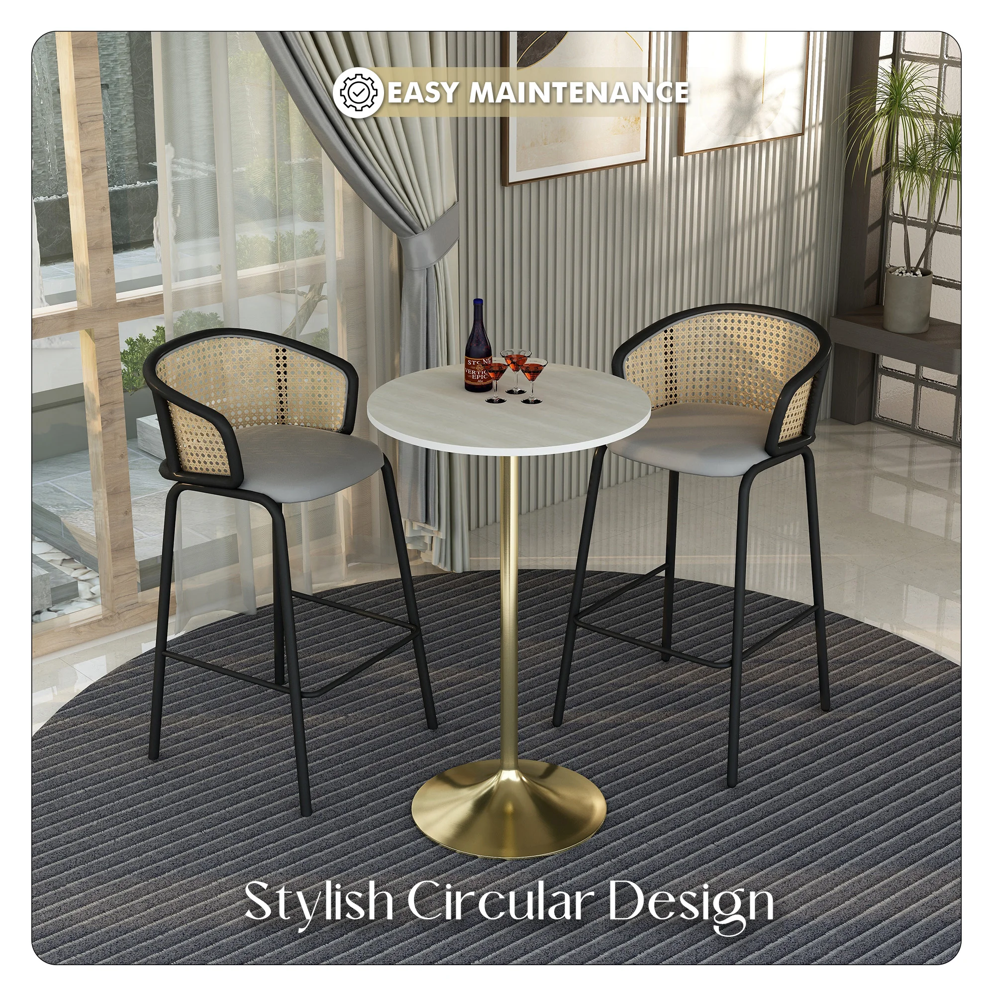 Verve Collection Modern Bar Height Table Brushed Gold Base with 27" Round Light Natural Wood MDF Top