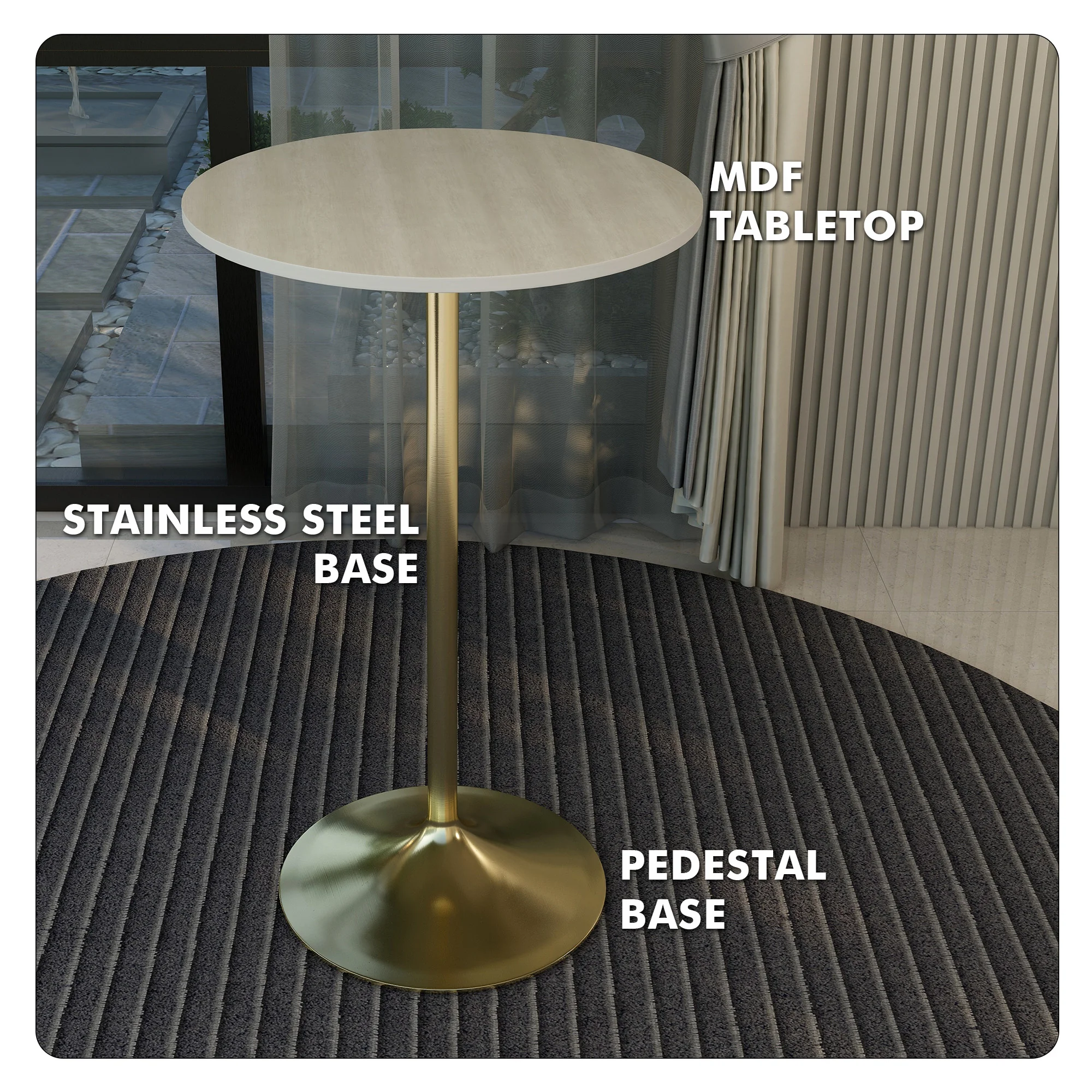 Verve Collection Modern Bar Height Table Brushed Gold Base with 27" Round Light Natural Wood MDF Top