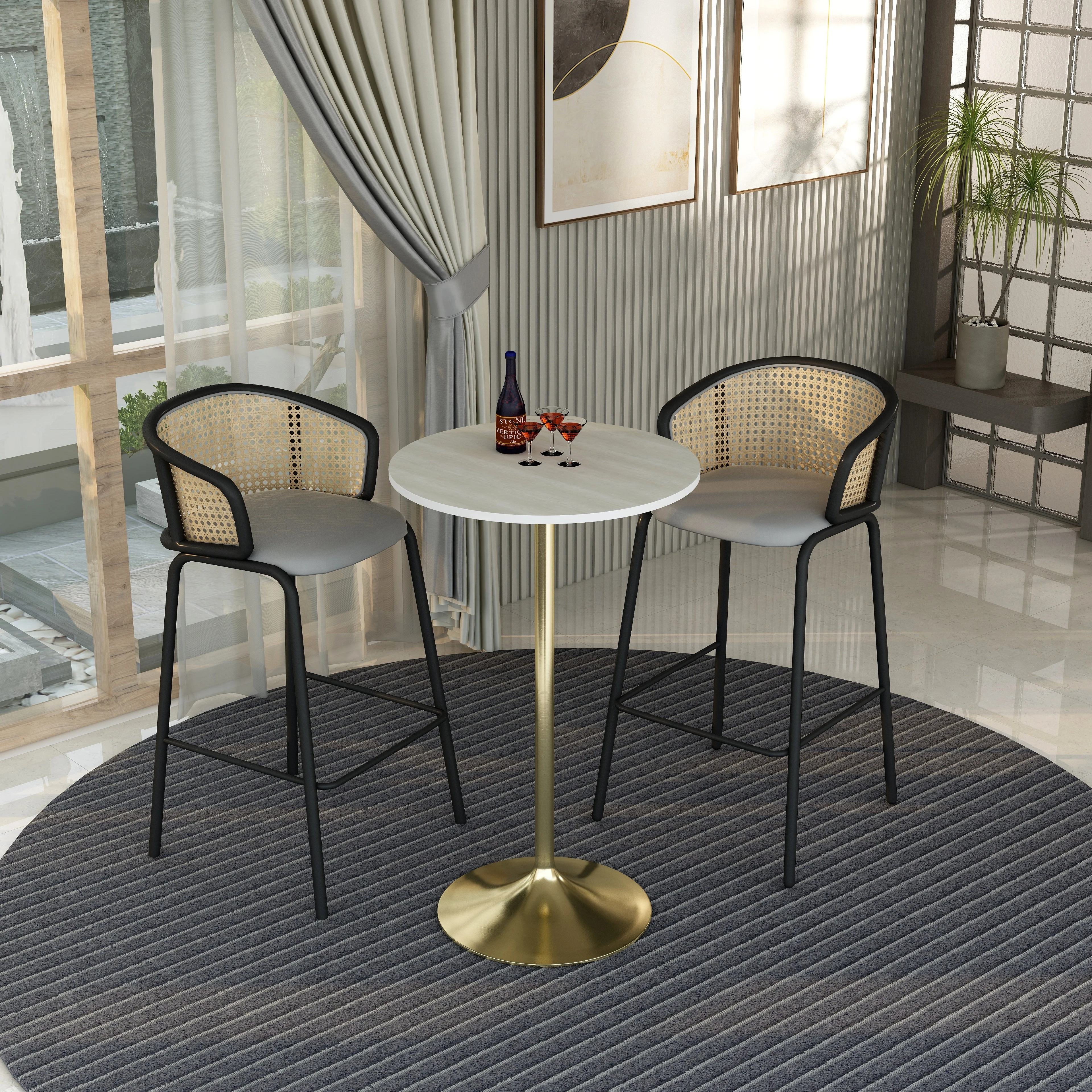 Verve Collection Modern Bar Height Table Brushed Gold Base with 27" Round Light Natural Wood MDF Top
