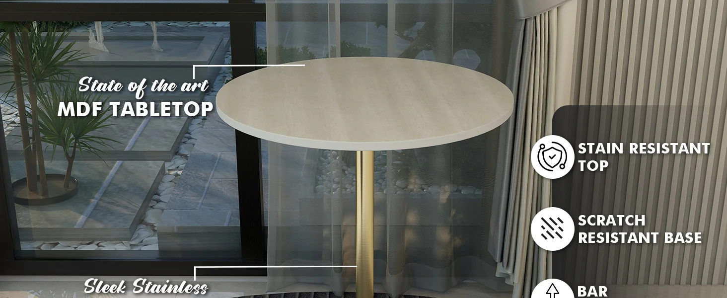 Verve Collection Modern Bar Height Table Brushed Gold Base with 27" Round Light Natural Wood MDF Top