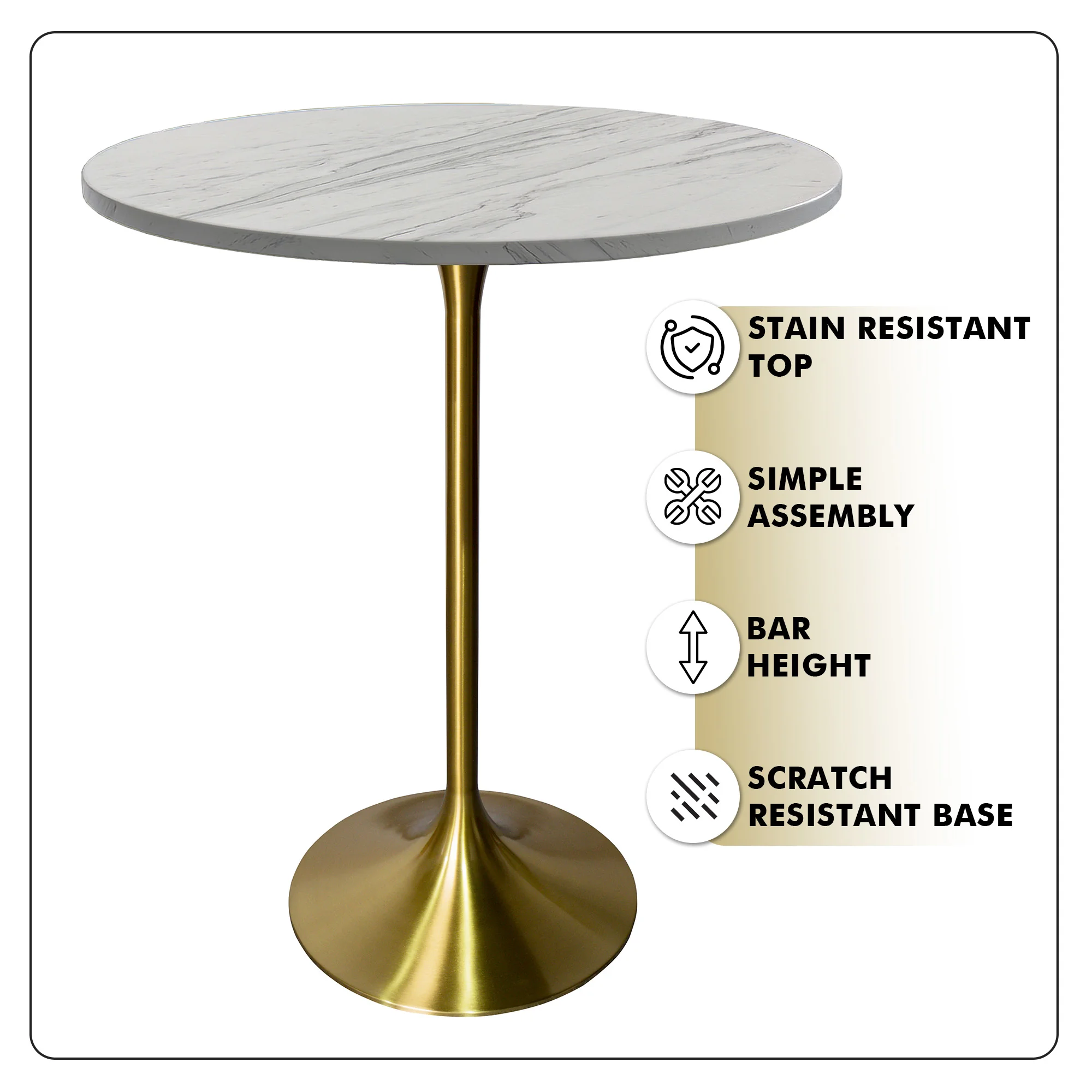 Verve Collection Modern Bar Height Table Brushed Gold Base with 27" Round Marbleized White Laminated Top