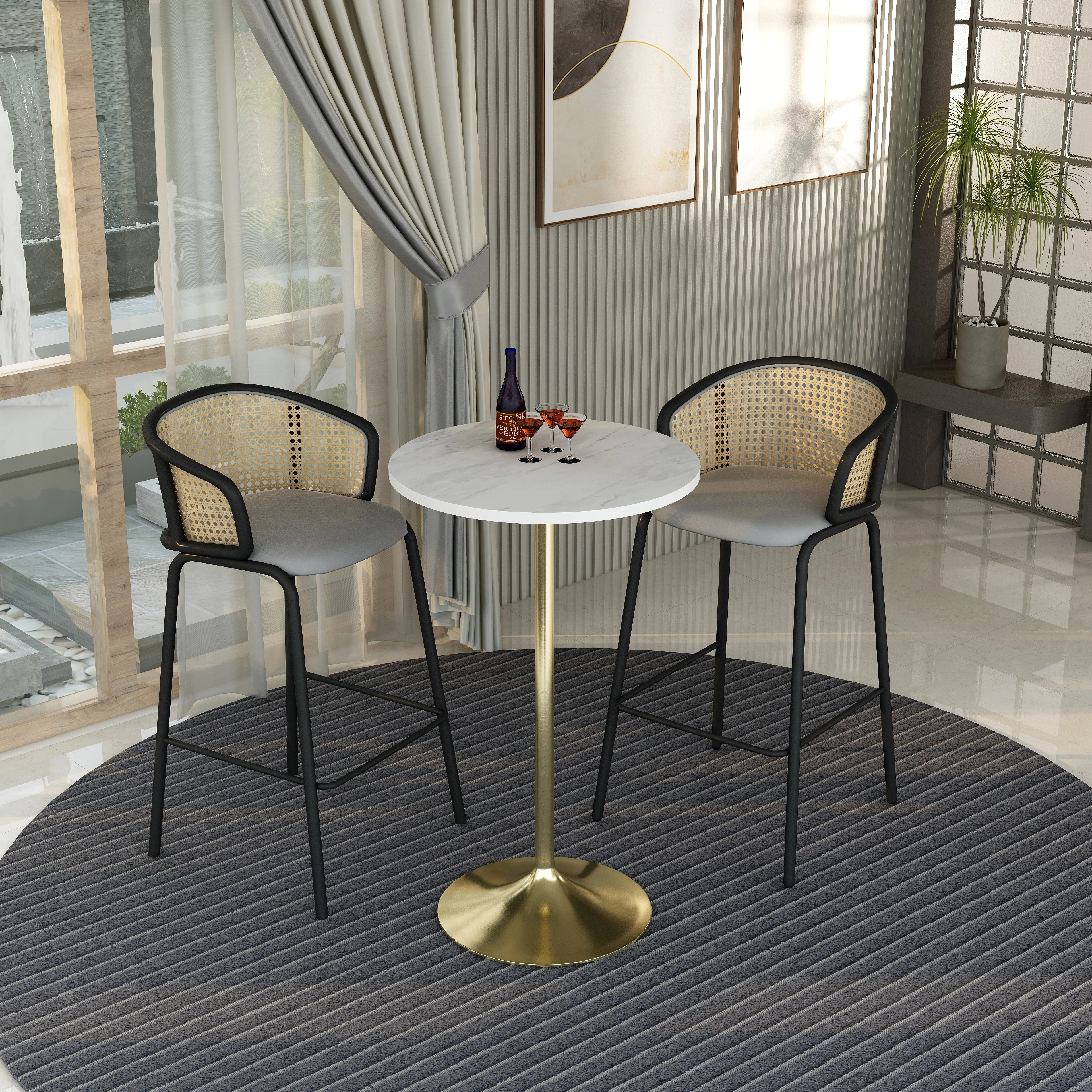 Verve Collection Modern Bar Height Table Brushed Gold Base with 27" Round Marbleized White Laminated Top