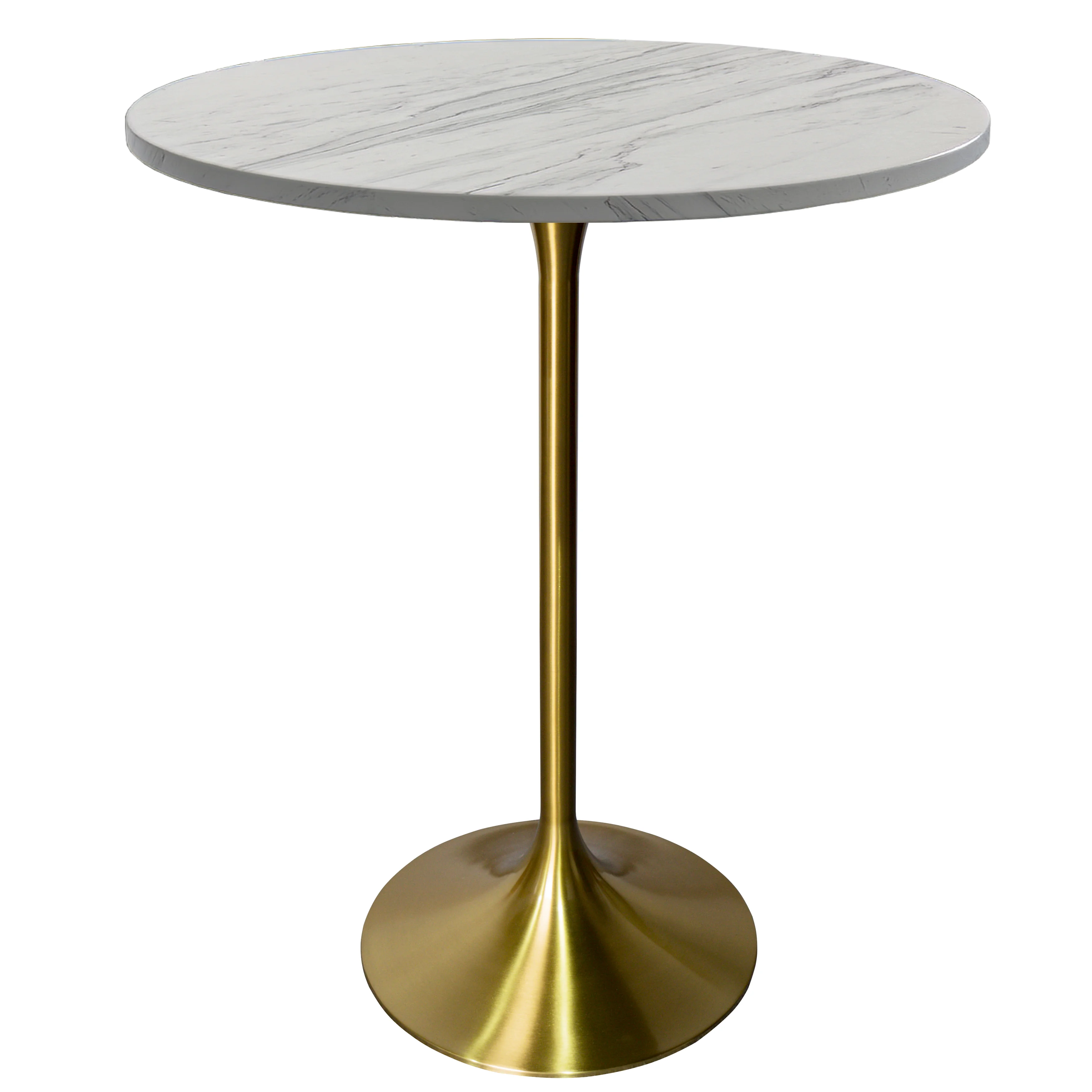 Verve Collection Modern Bar Height Table Brushed Gold Base with 27" Round Marbleized White Laminated Top
