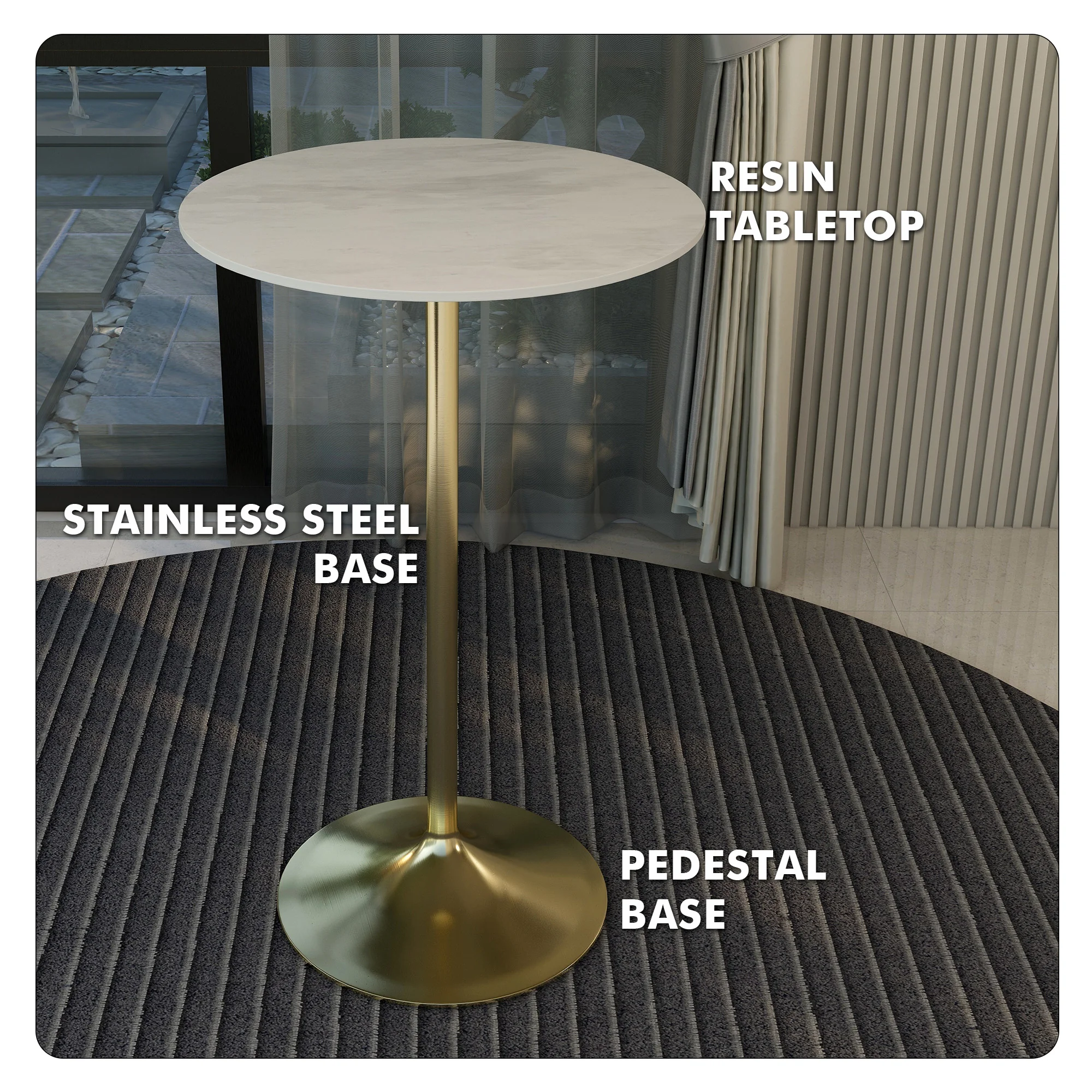Verve Collection Modern Bar Height Table Brushed Gold Base with 27" Round Marbleized White Laminated Top