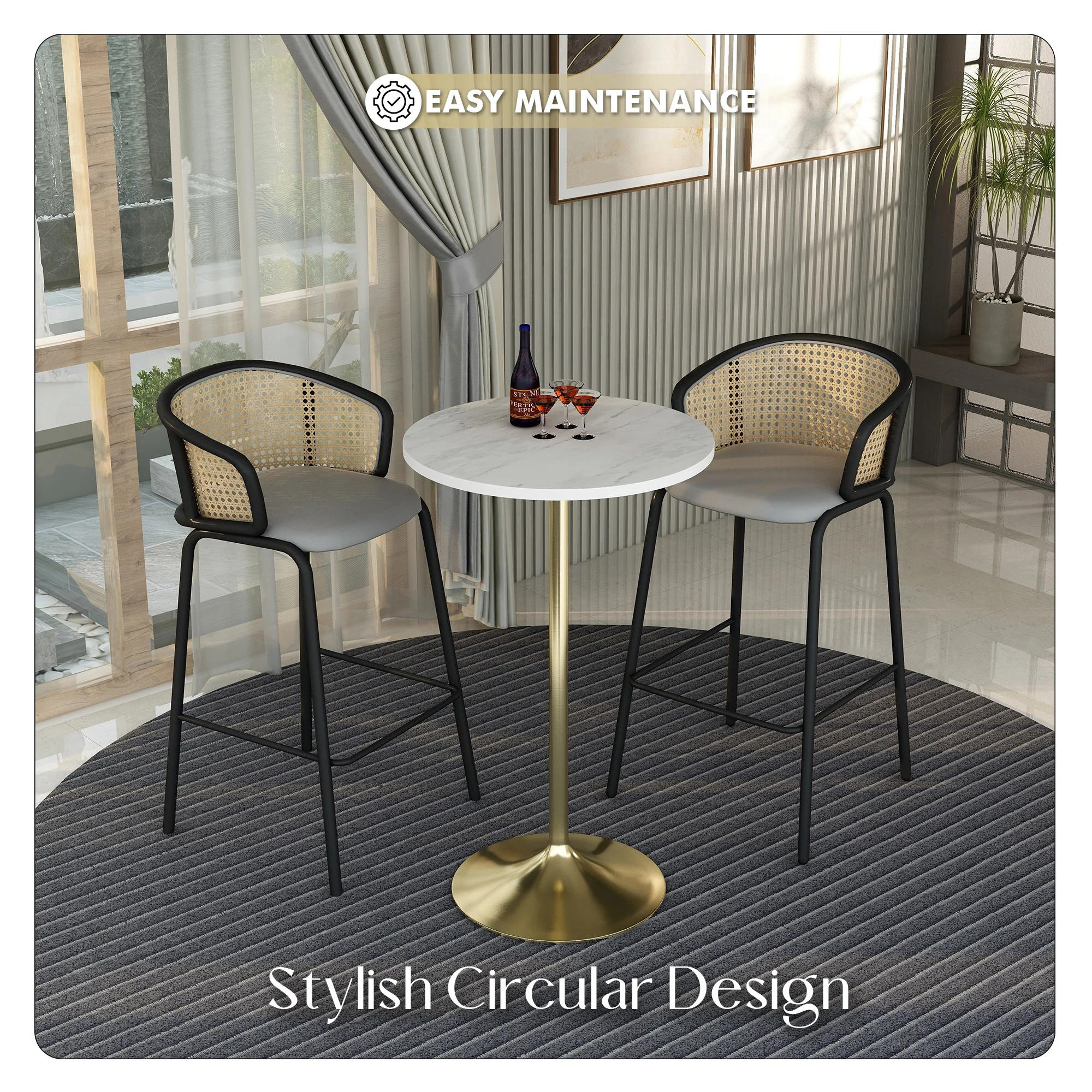 Verve Collection Modern Bar Height Table Brushed Gold Base with 27" Round Marbleized White Laminated Top
