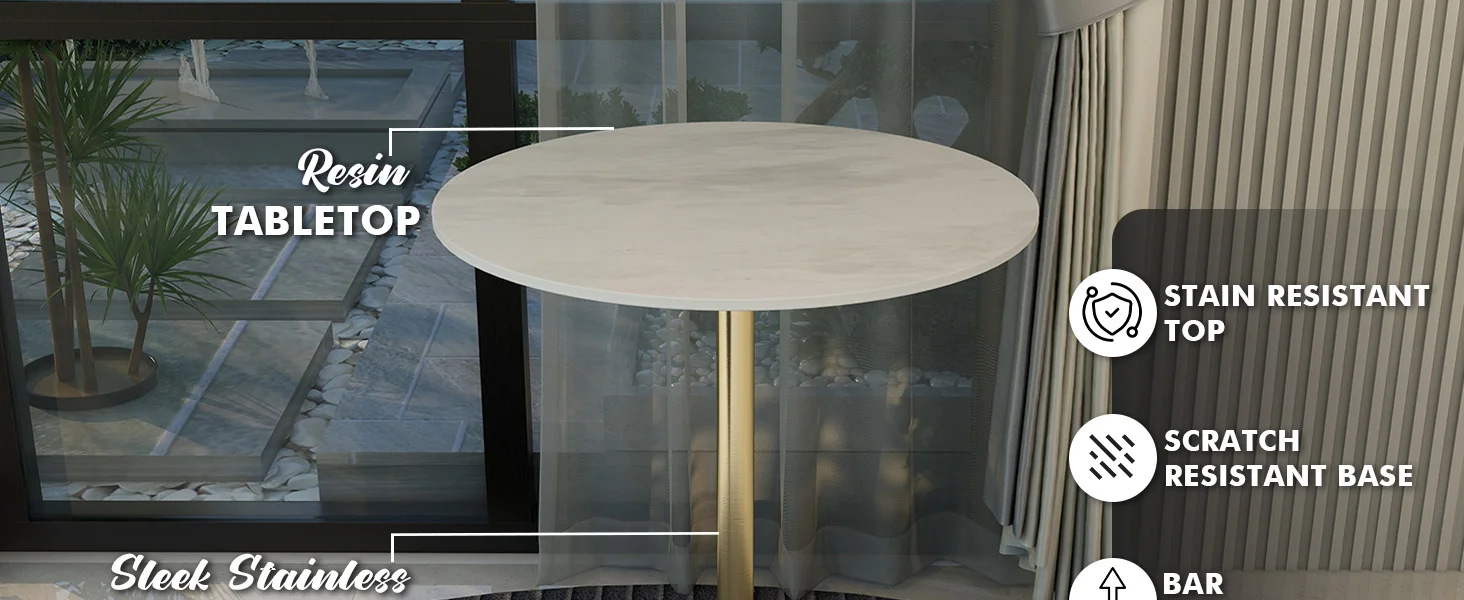 Verve Collection Modern Bar Height Table Brushed Gold Base with 27" Round Marbleized White Laminated Top