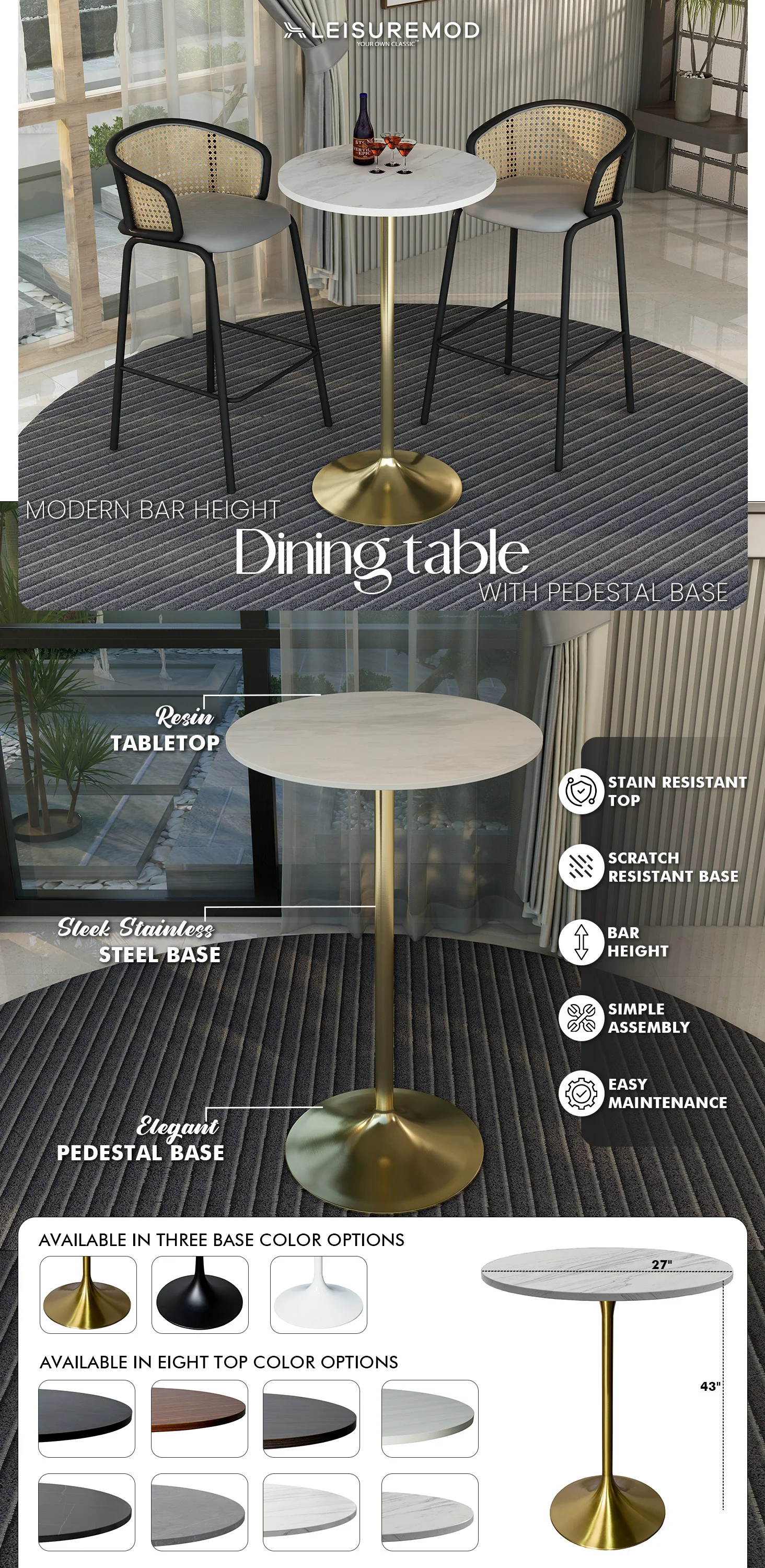 Verve Collection Modern Bar Height Table Brushed Gold Base with 27" Round Marbleized White Laminated Top