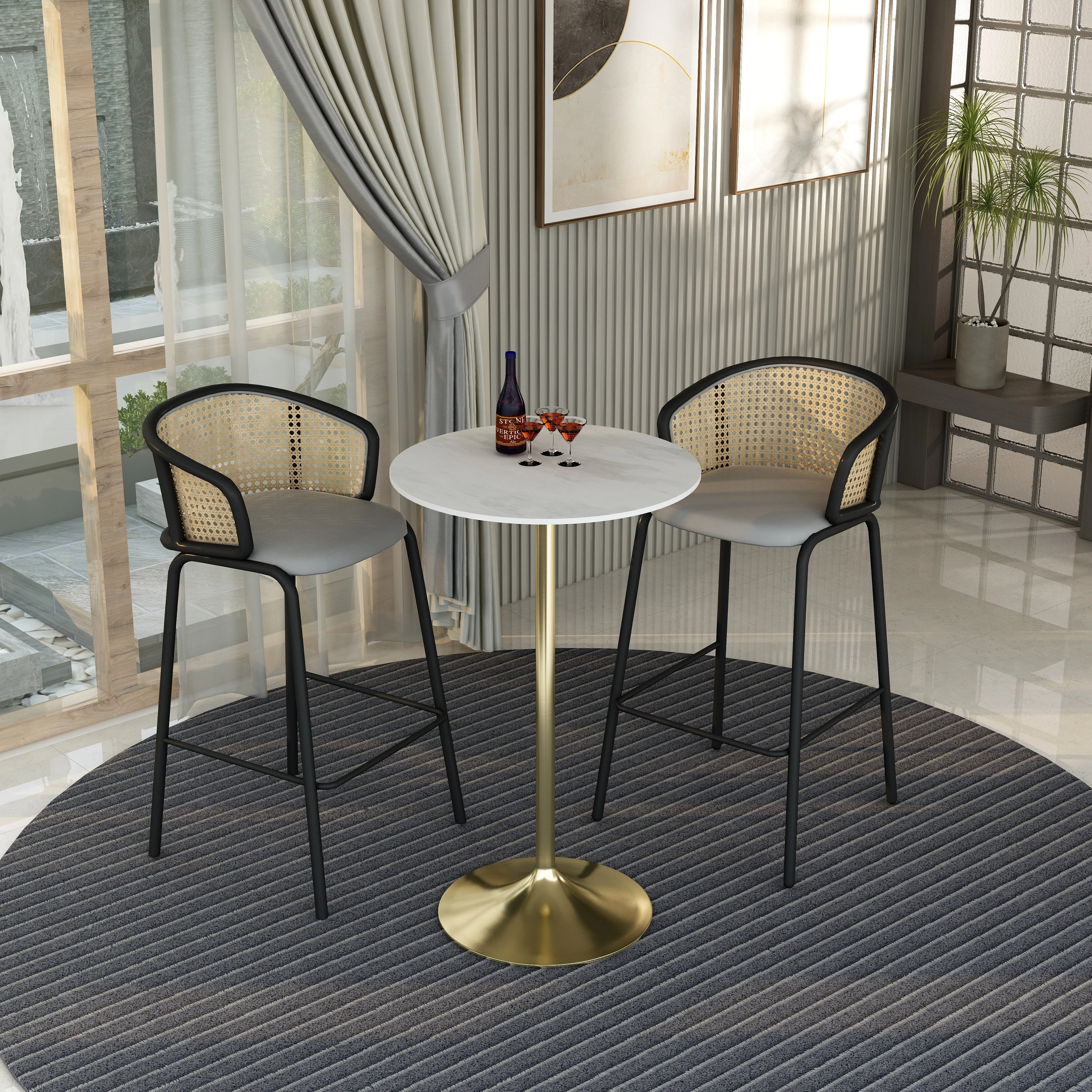 Verve Collection Modern Bar Height Table Brushed Gold Base with 27" Round Marble White Sintered Stone Top