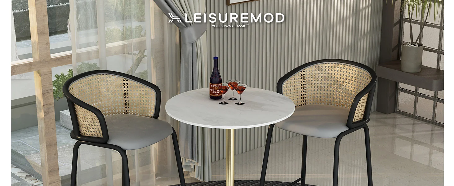 Verve Collection Modern Bar Height Table Brushed Gold Base with 27" Round Marble White Sintered Stone Top