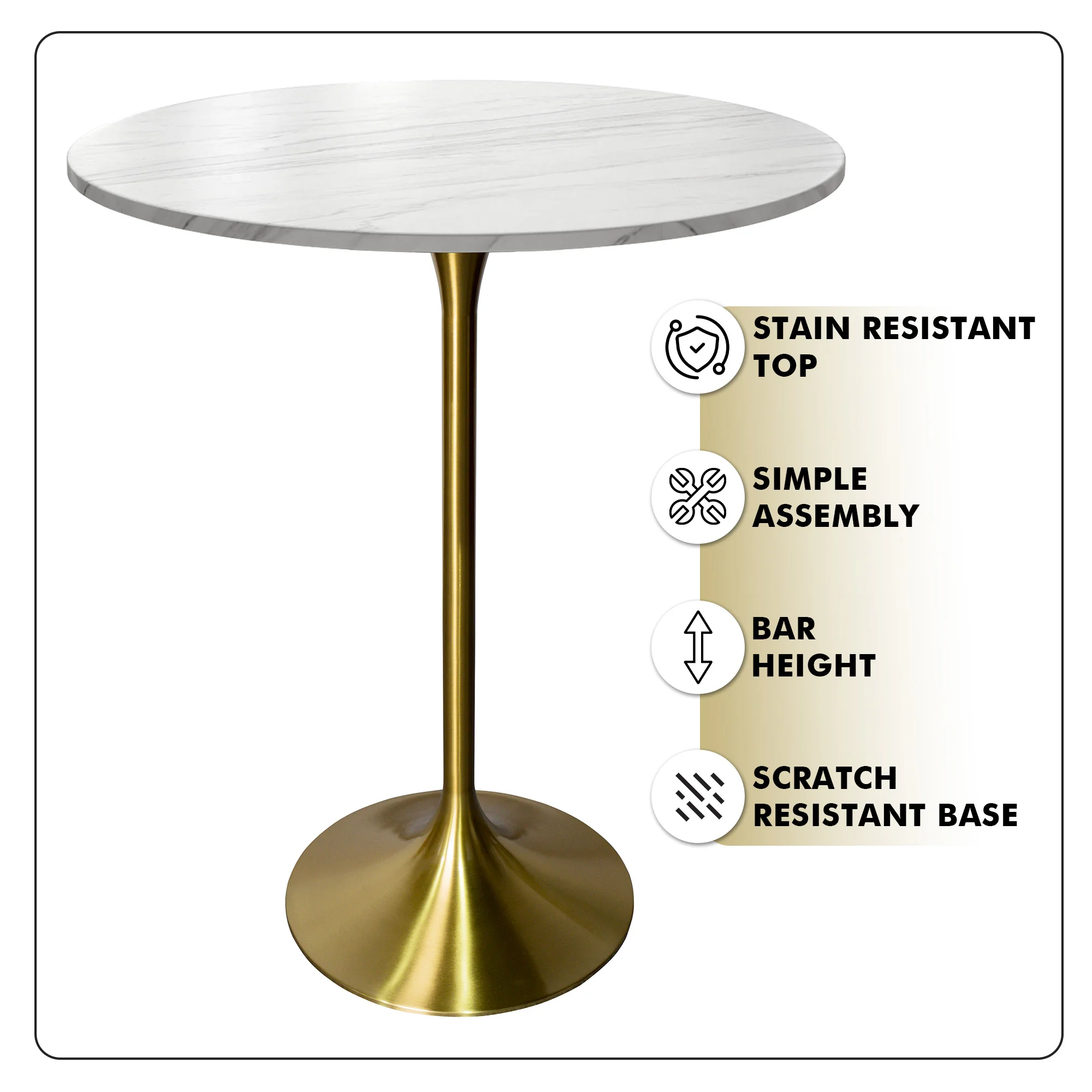 Verve Collection Modern Bar Height Table Brushed Gold Base with 27" Round Marble White Sintered Stone Top