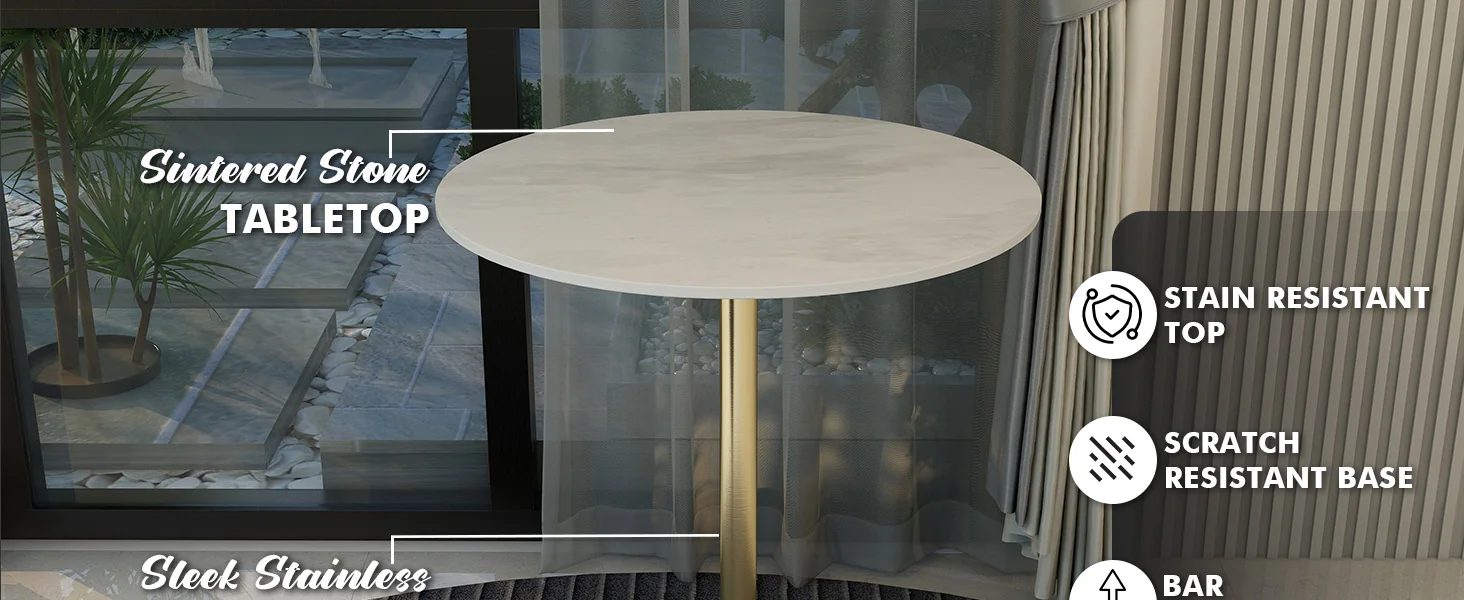 Verve Collection Modern Bar Height Table Brushed Gold Base with 27" Round Marble White Sintered Stone Top